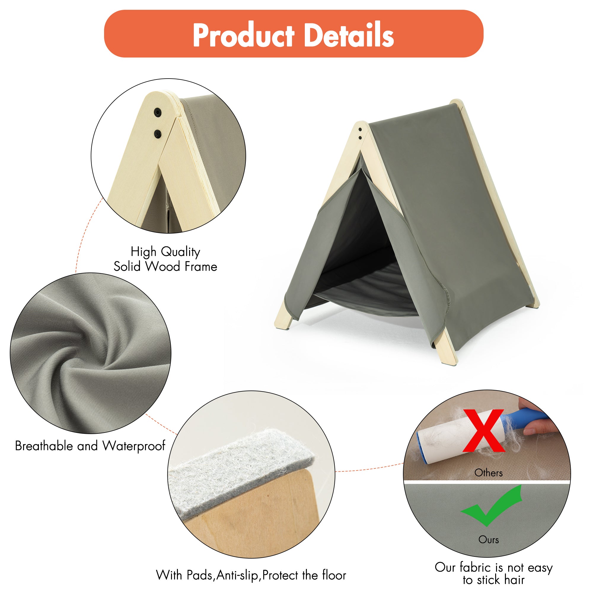 Pet Tent, Cat Tent for Indoor Cats, Wooden Cat House for small Pets - Gray green