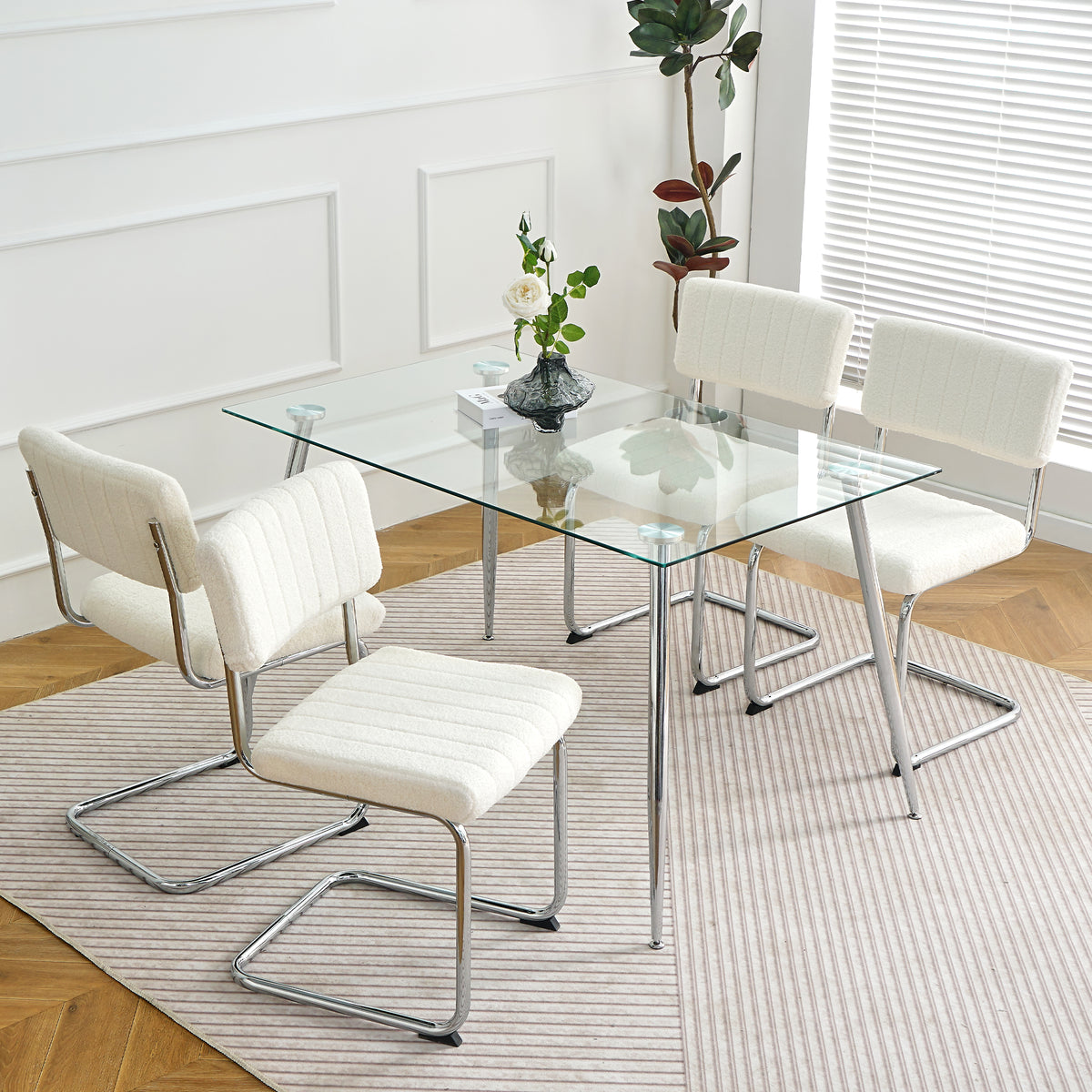 Luxury Dining Chairs with Silver Metal Legs (Set of 4) - White