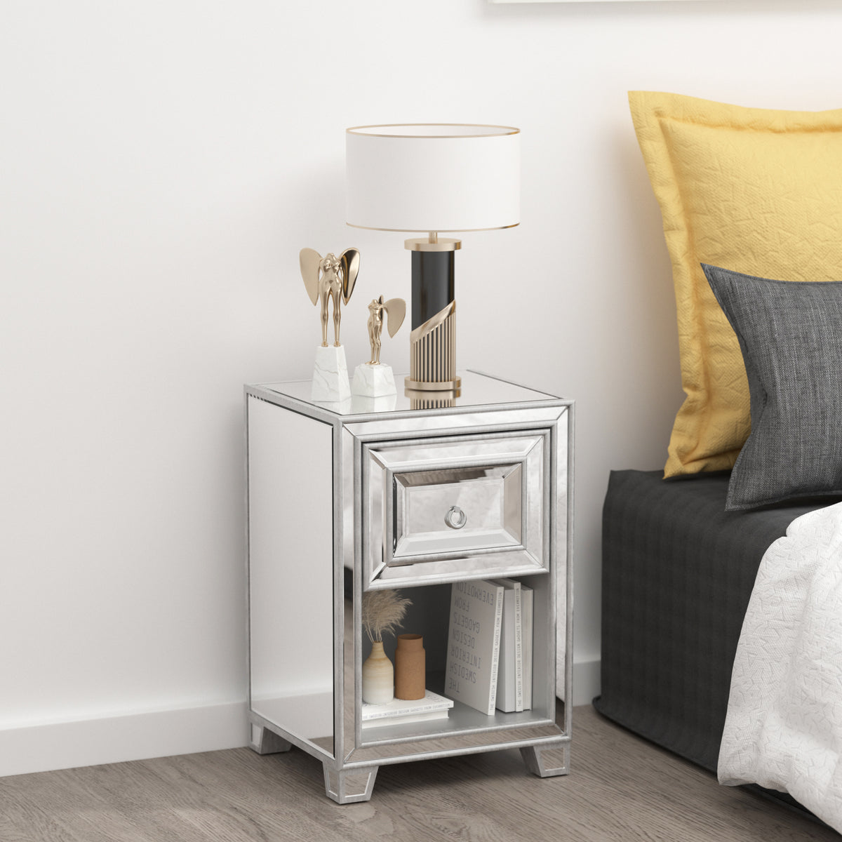 Mirrored Nightstand, Antique Painted End Table, Mini Nightstand - Silver Glass