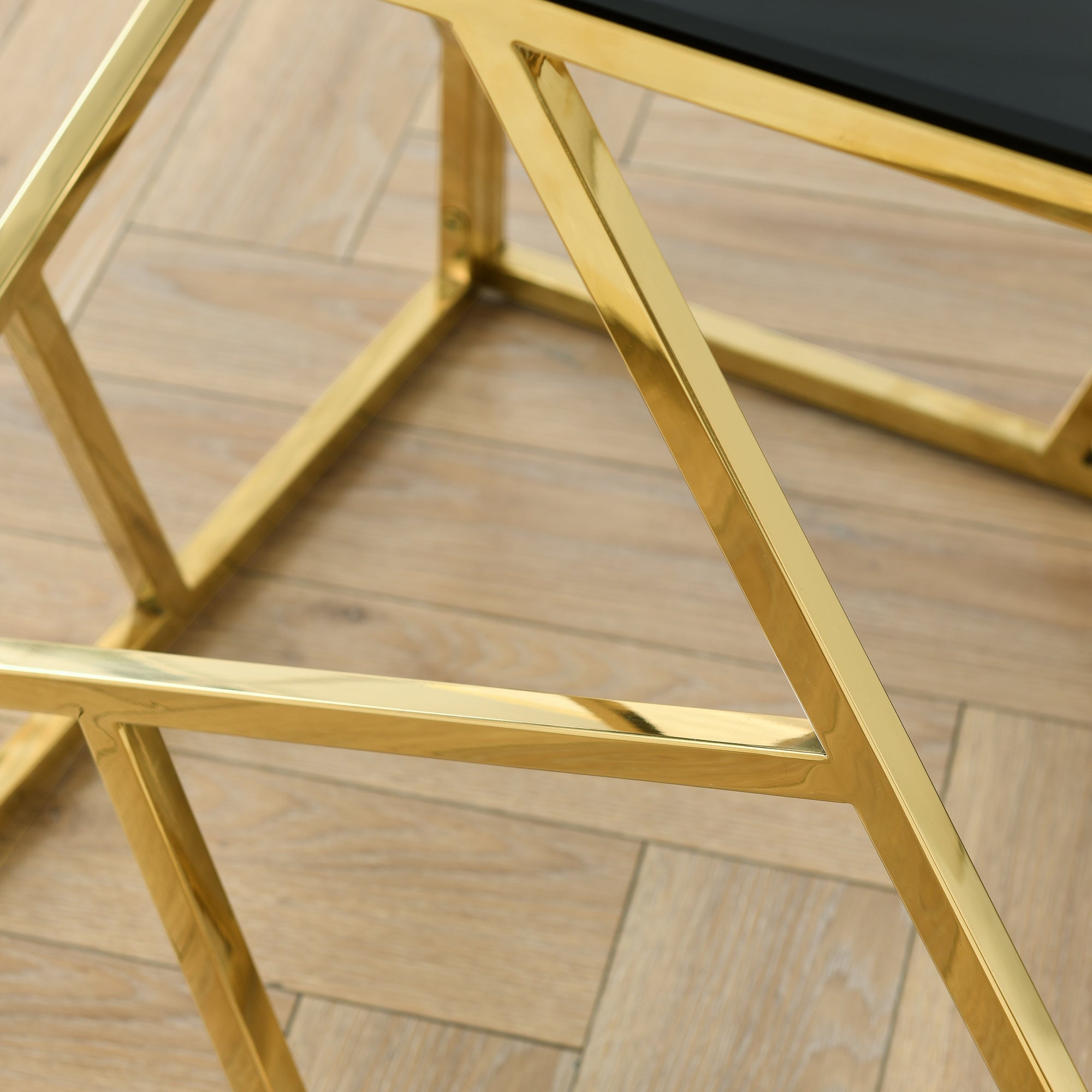 Modern Rectangular Coffee Accent Table with Black Tempered Glass Top and Stainless Steel Frame - Gold