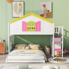 Twin over Full House Bunk Bed with Pink Staircase & Drawer - White