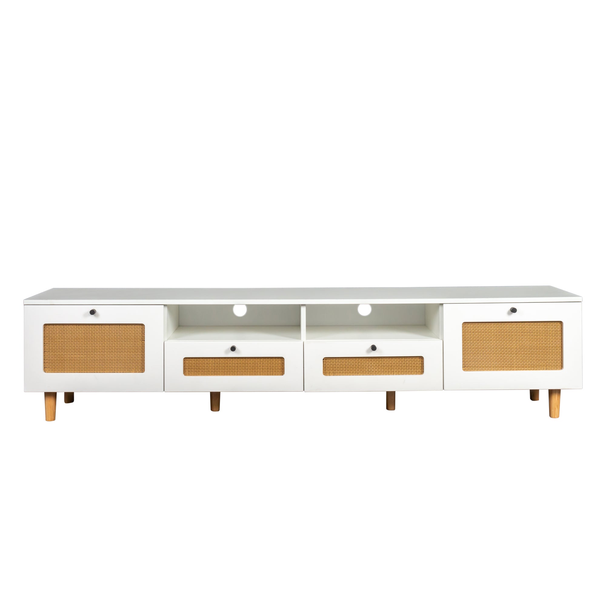 Farmhouse Rattan TV Stand Modern Wood with 2 Doors and 2 Open Shelves - White