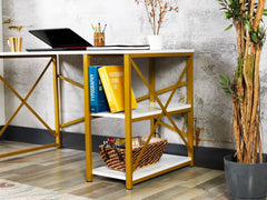Gold Metal Frame 47" Wooden Top 2 Shelves Computer Desk - White