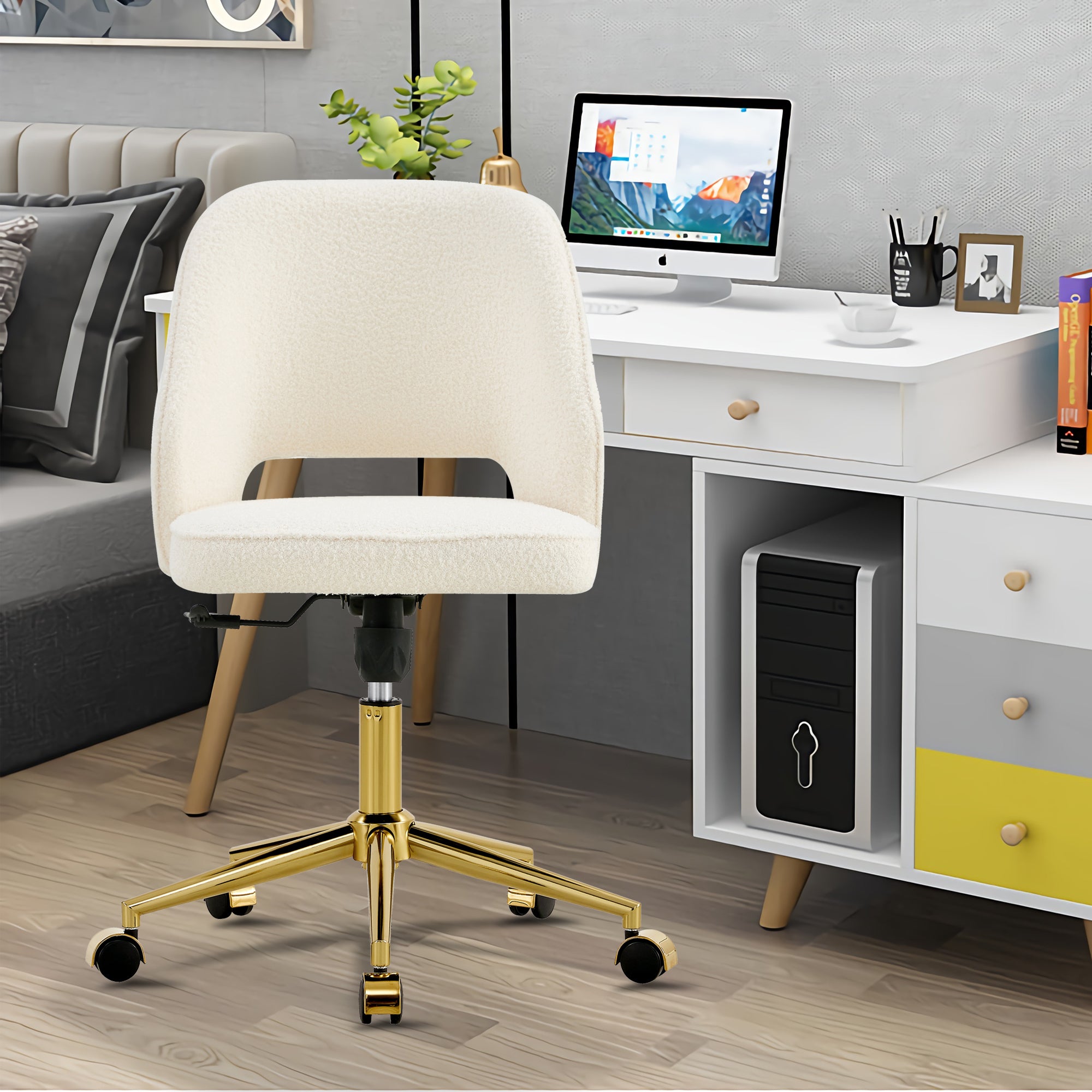 Modern Swivel Teddy Velvet Office Chairs, Adjustable 360 °- White