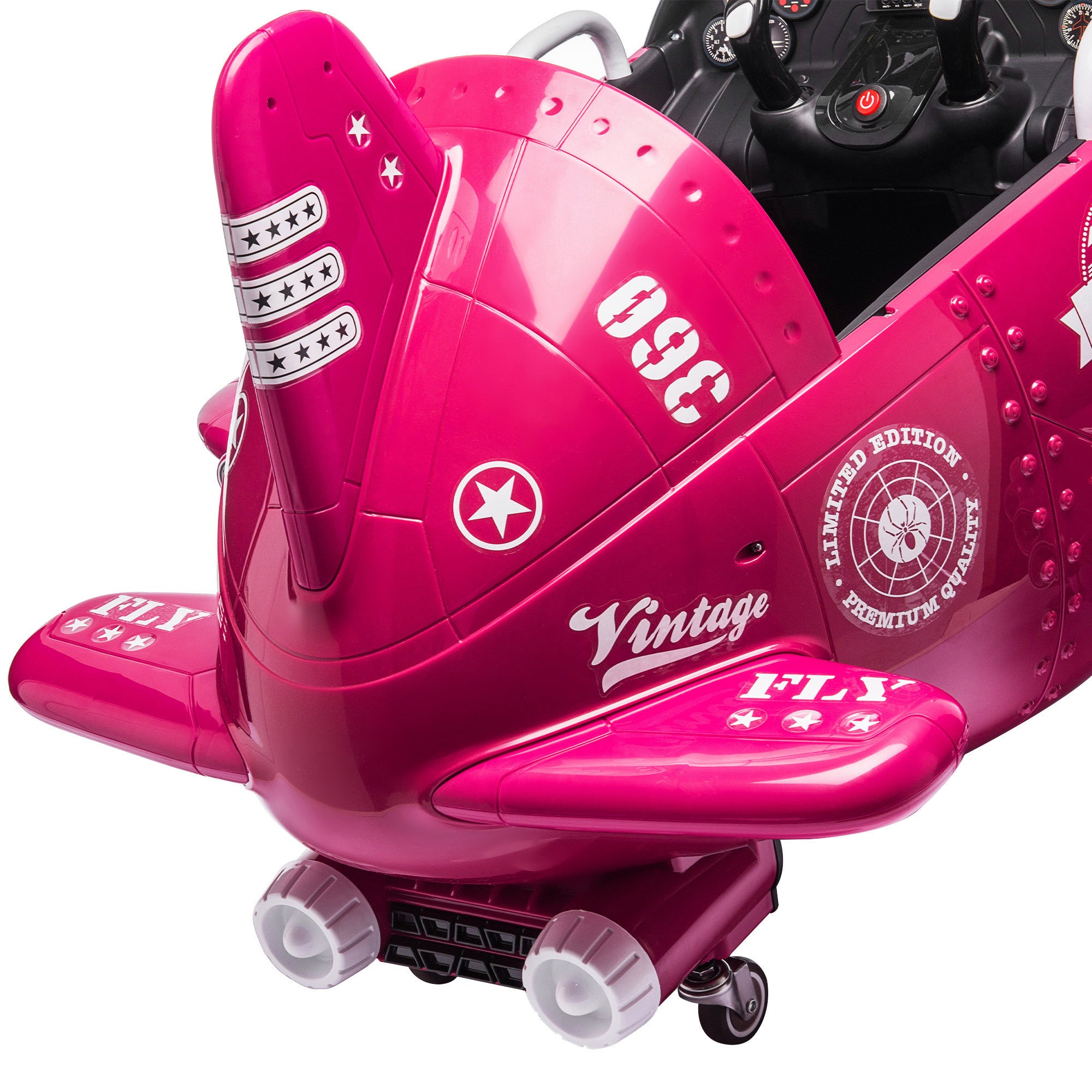 12V Electric Kids Ride on Toy Plane with USB, FM, 360-Degree Rotating by 2 Joysticks, Remote Control for Kids 3 to 6 - Rose Red