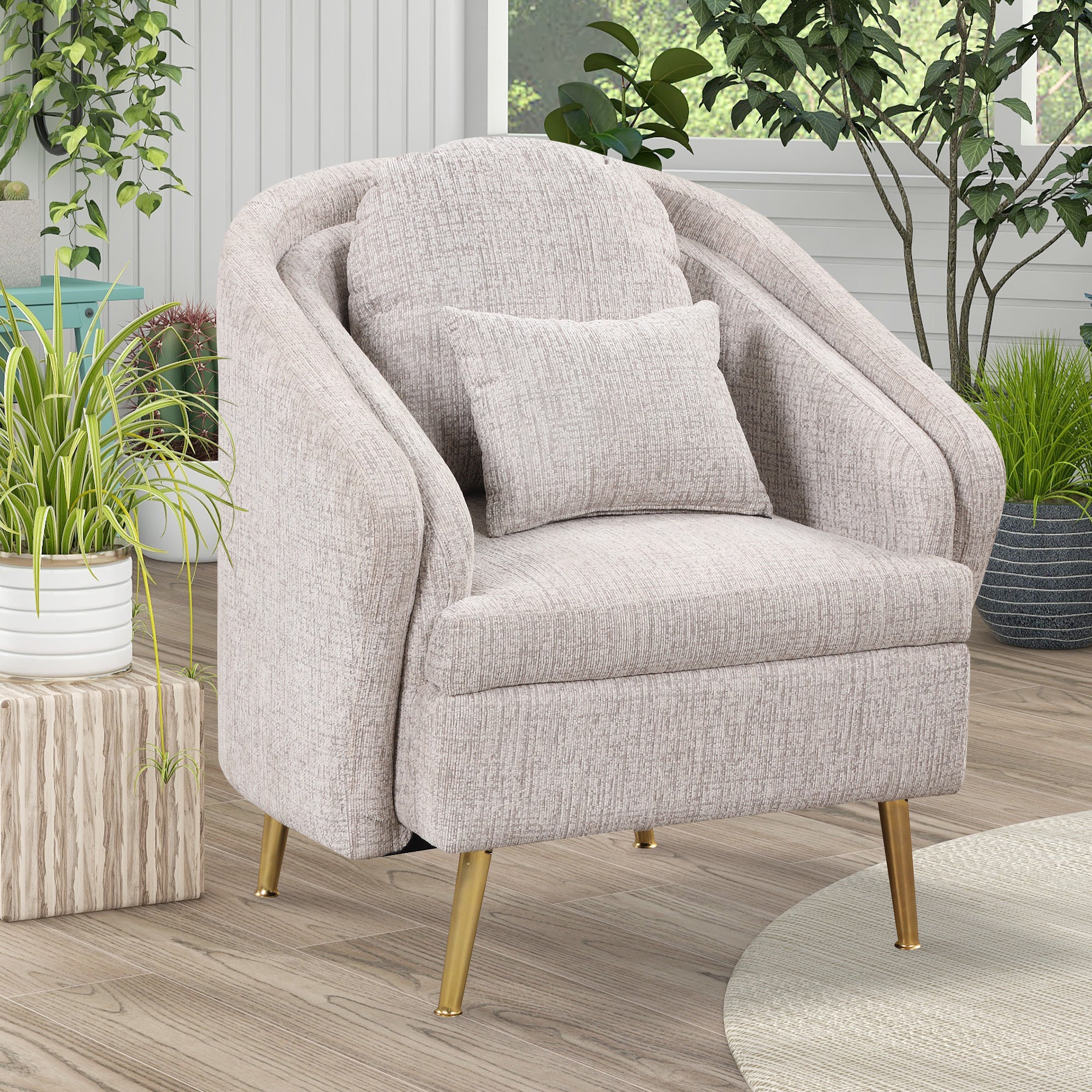 Mid-Century Accent Chair Arm Chair with Lumbar Pillow and Metal Legs - Light Grey