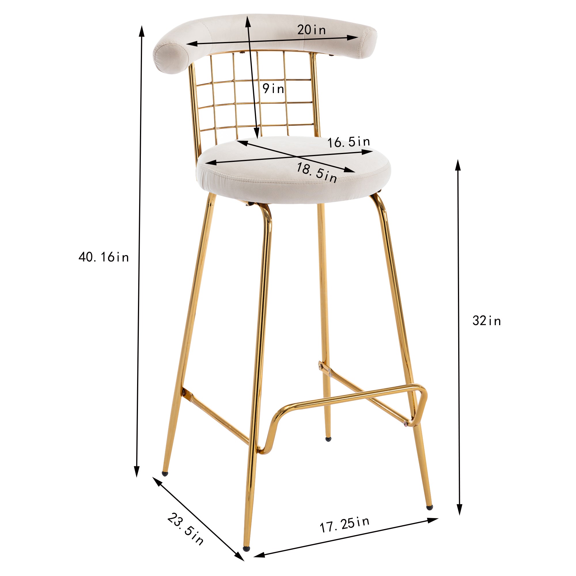 Luxury Velvet High Bar Stool with Metal Legs and Soft Back with Metal Legs (Set of 2) -Beige