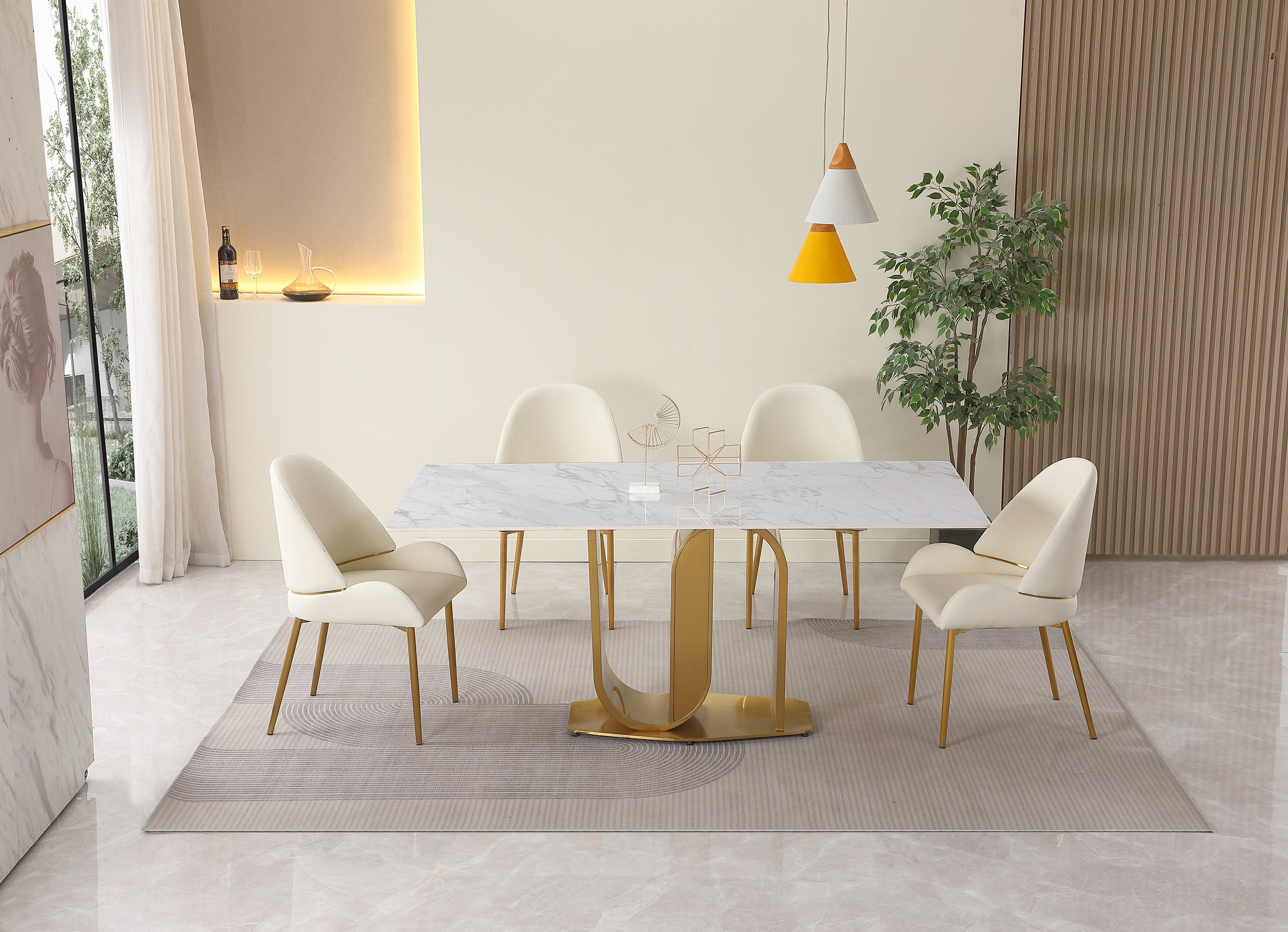 71" Contemporary Dining Table in Gold with Sintered Stone Top and  U shape Pedestal Base in Gold finish (chairs not included)