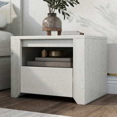 Wood Nightstand with Gray Wood Grain Sticker Surfaces One Drawer - Off White
