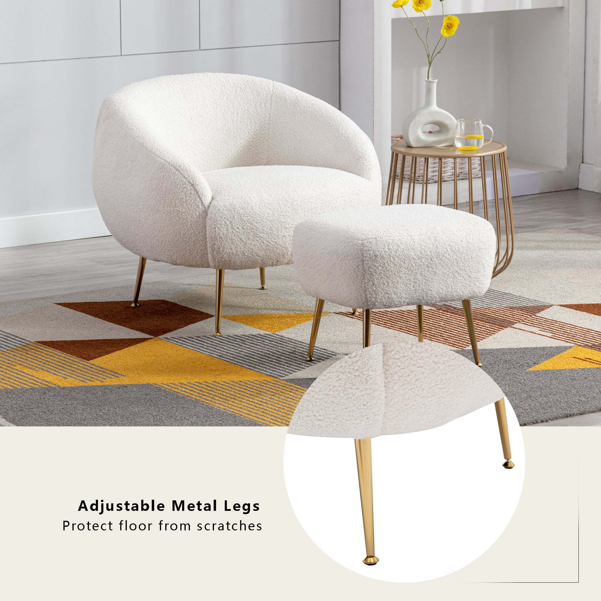Modern Teddy Short Plush Comfy Armchair with Ottoman - White