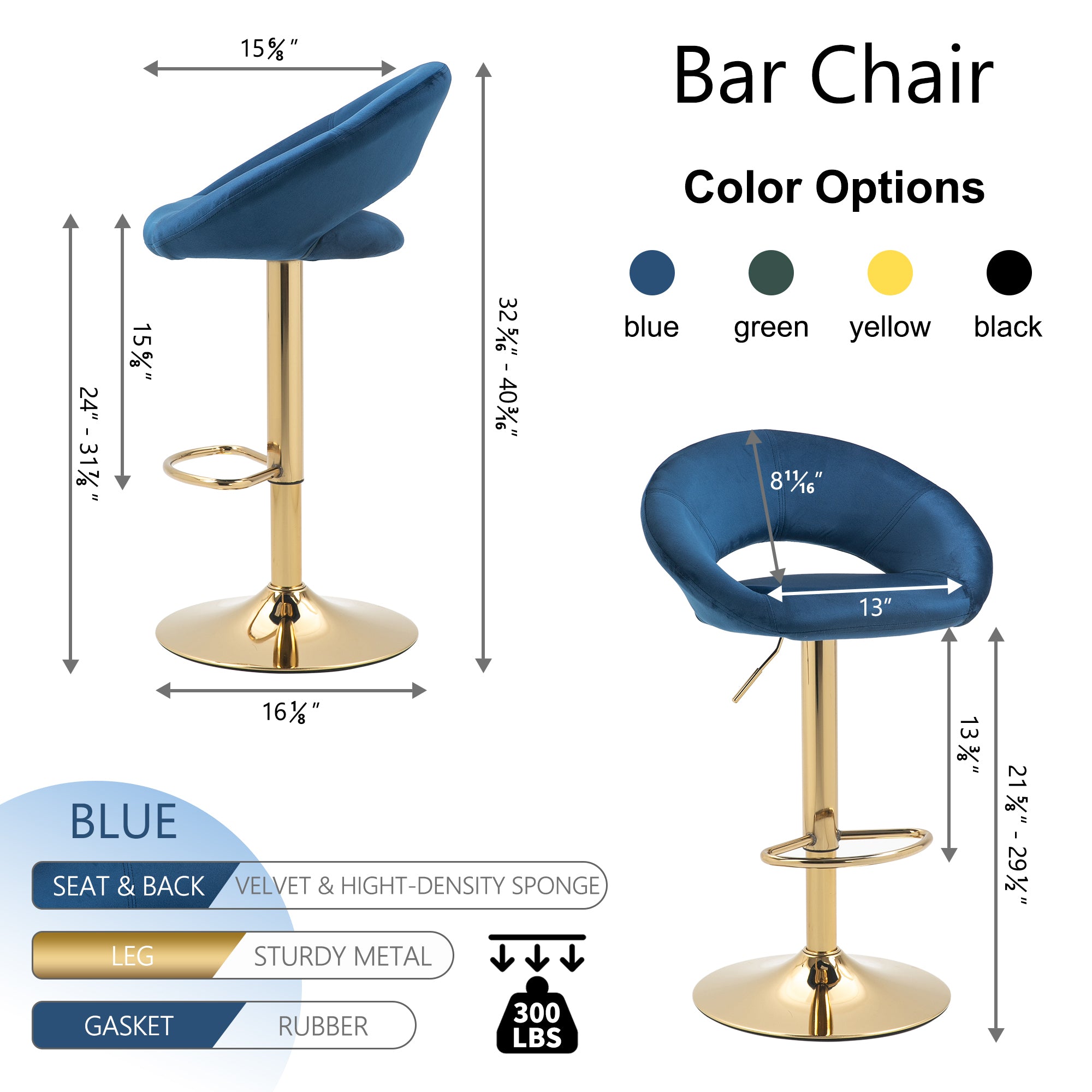 Modern Swivel Bar Stools Adjustable (Set of 2) - Blue Velvet