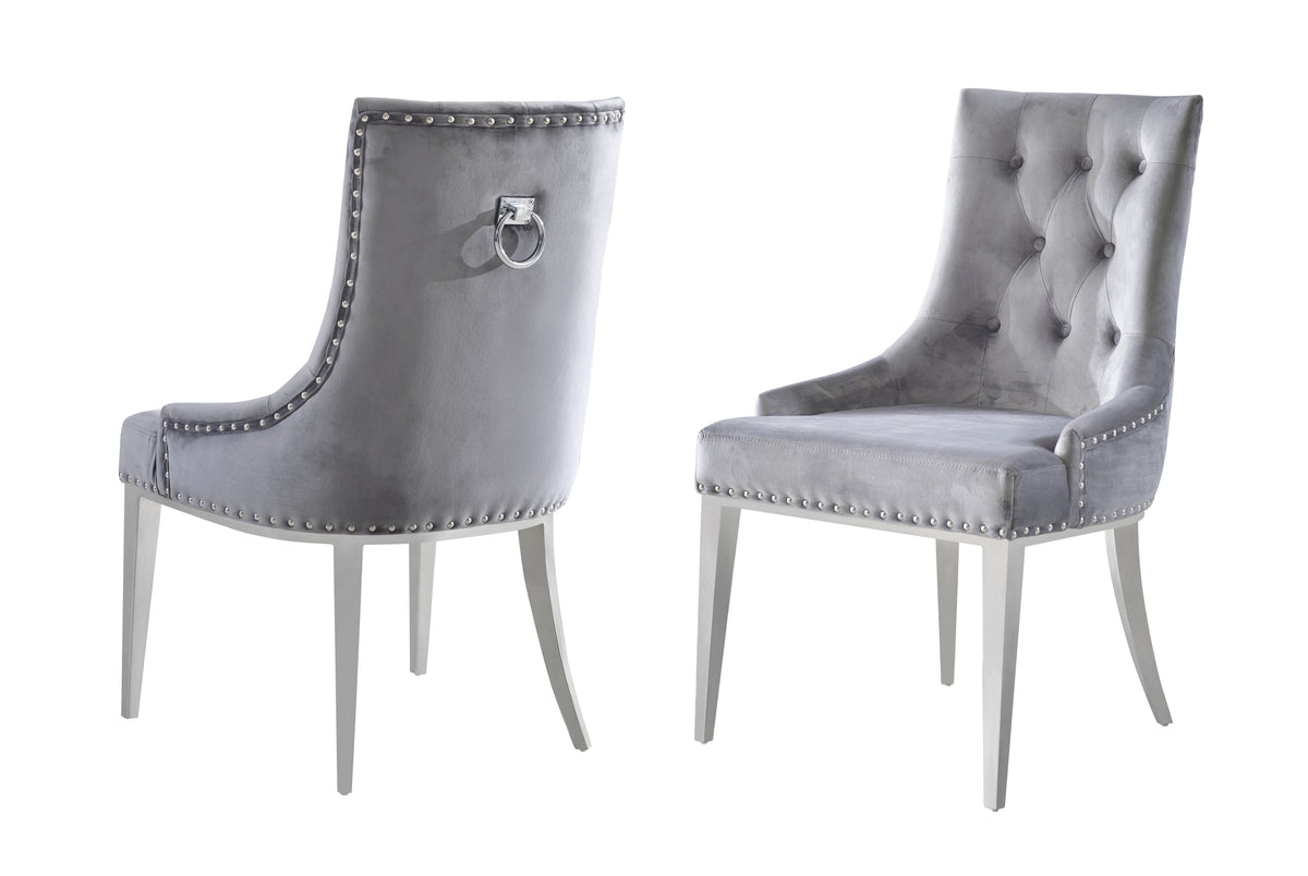 Contemporary Grey Velvet & Stainless Steel Dining Chair (Set of 2)