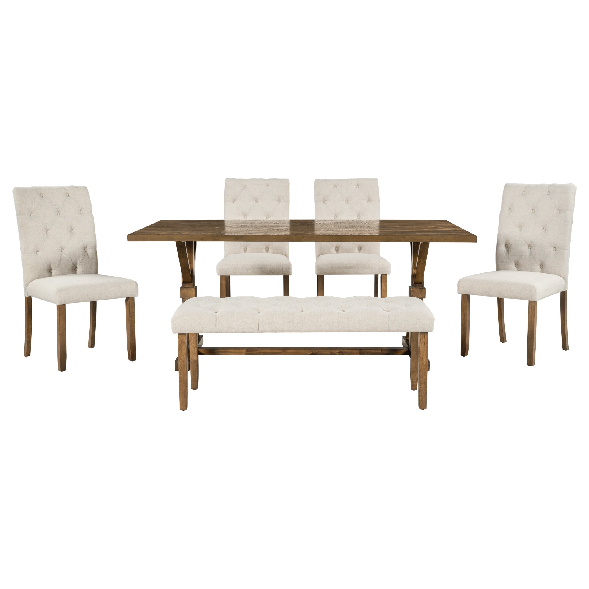 6-Piece Farmhouse Dining Table Set 72" Wood Rectangular Table, 4 Upholstered Chairs with Bench - Walnut