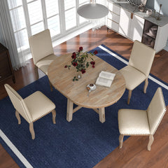 5-Piece Farmhouse Dining Table Set Wood Round Extendable Table and 4 Upholstered Chairs - Natural Wood Wash