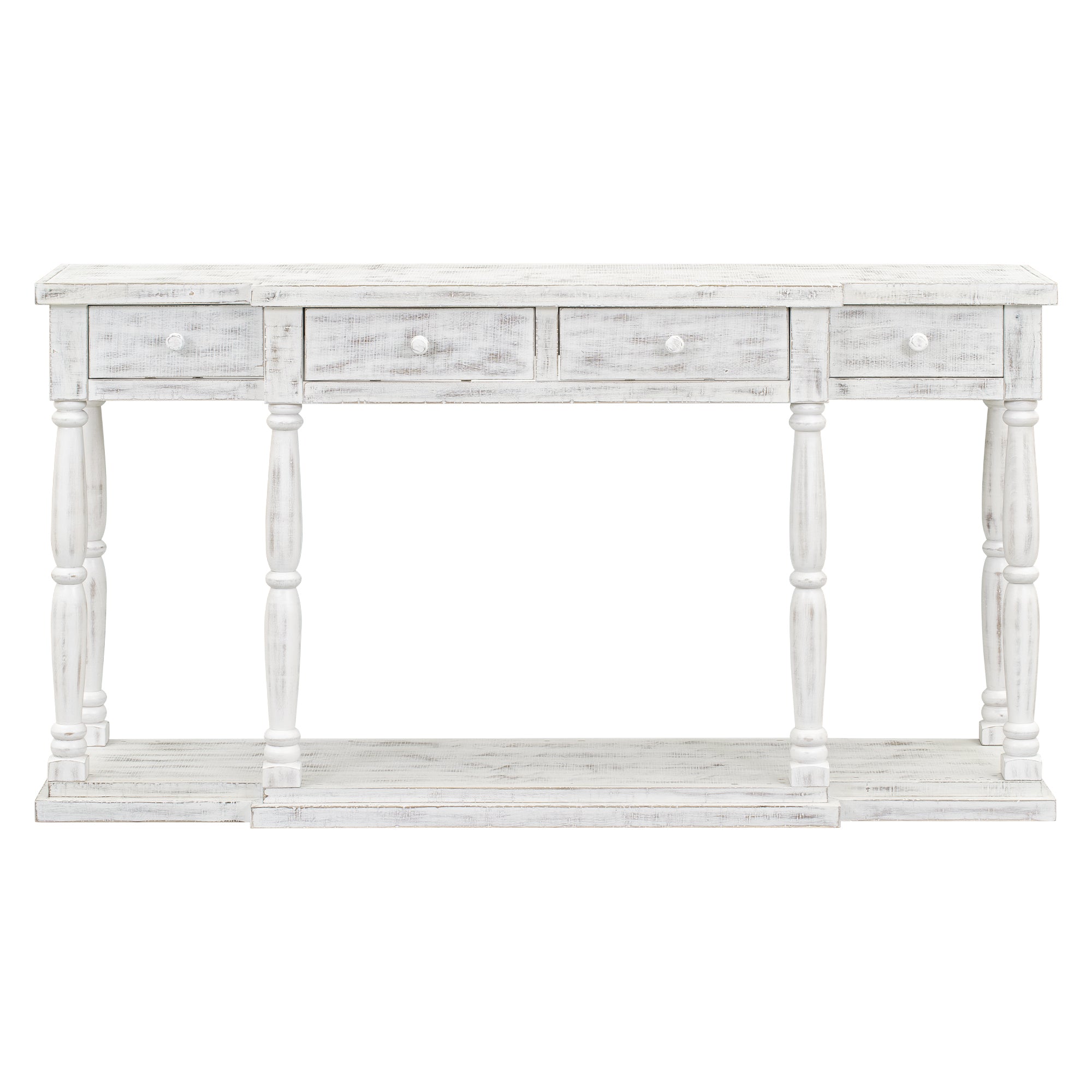Retro Console Table for Hallway with 4 Front Facing Storage Drawers and 1 Shelf - Antique White