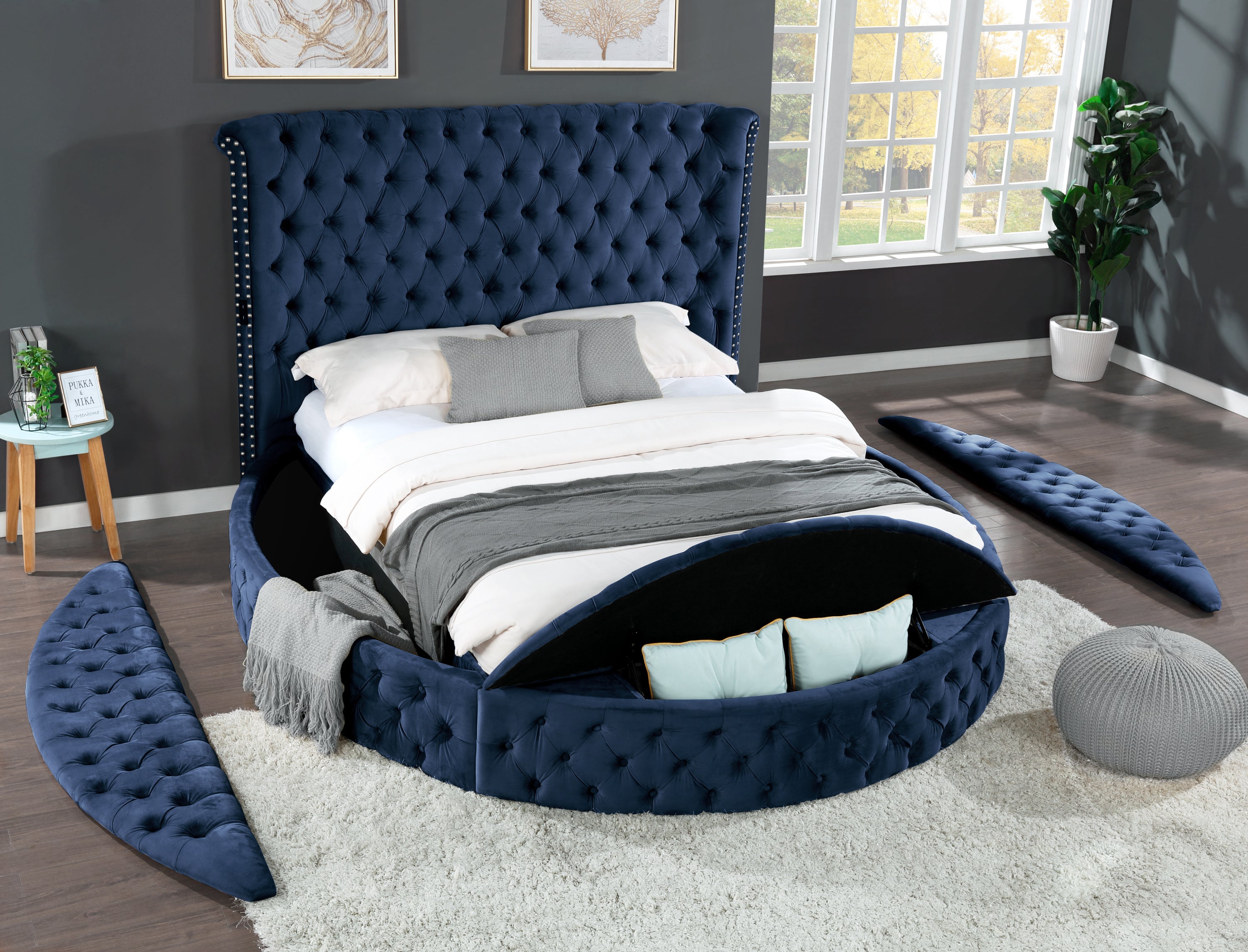 King Size Tufted Storage Bed made with Wood - Navy