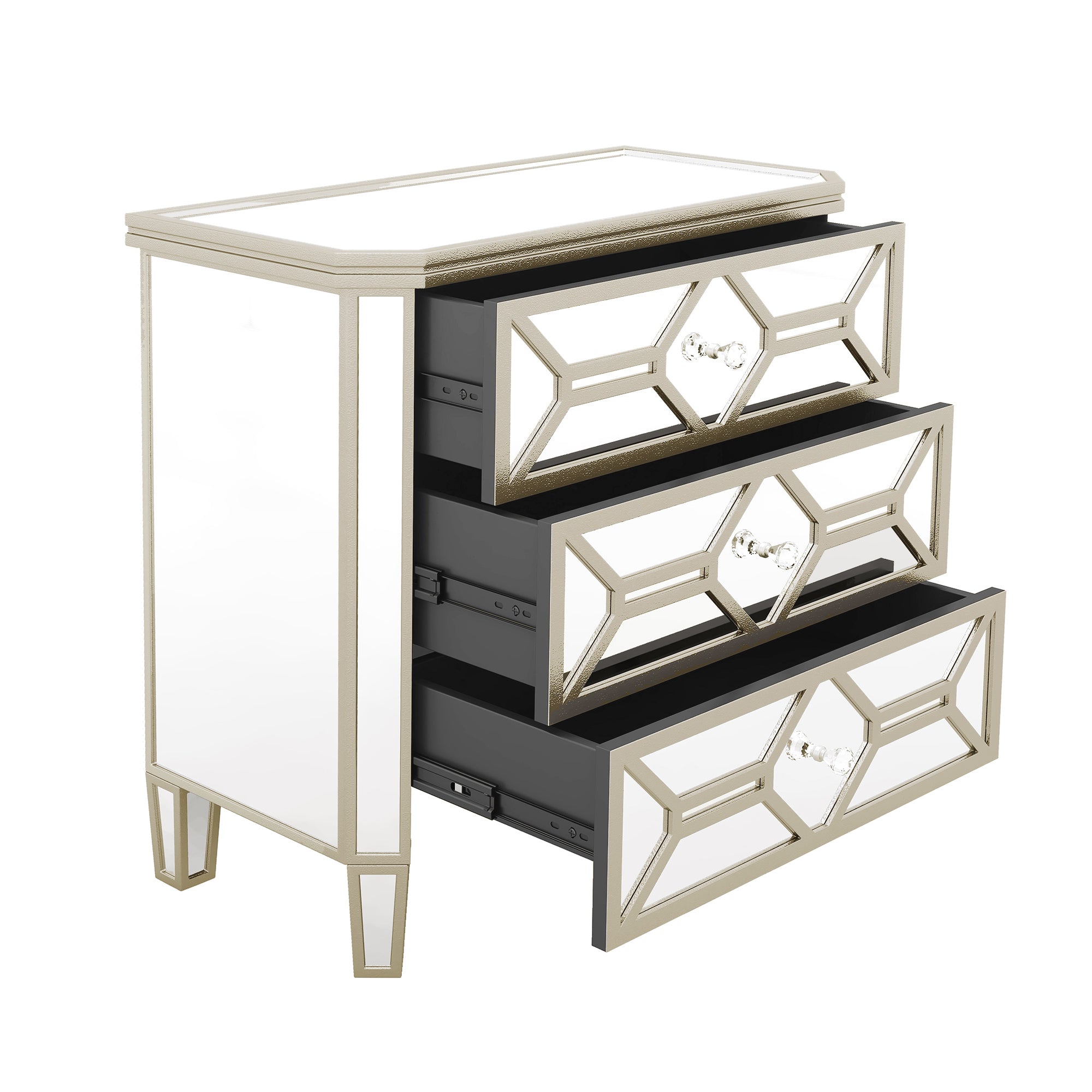 Elegant Mirrored 3-Drawer Chest with Golden Lines Storage Cabinet