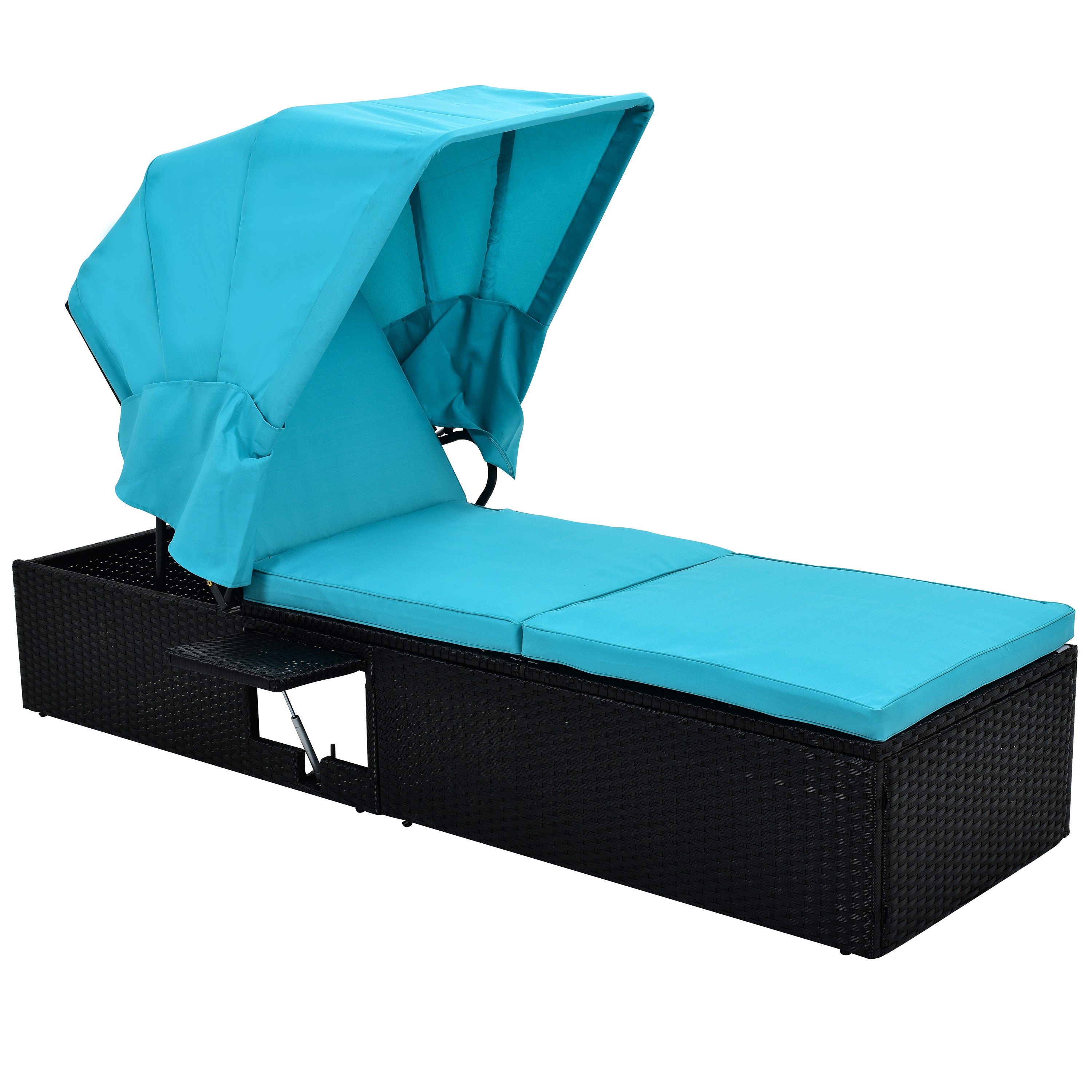 76.8" Long Reclining Single Chaise Lounge with Cushions, Canopy and Cup Table (Set of 2) - Black Wicker + Blue Cushion