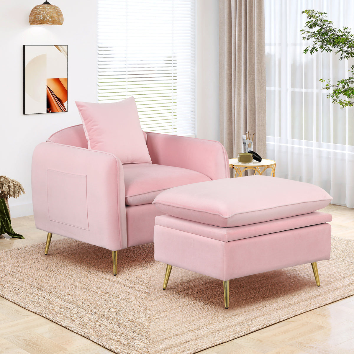 MAICOSY Modern Armchair with Ottoman Fabric Single Sofa Foot Rest & Pillow Pink