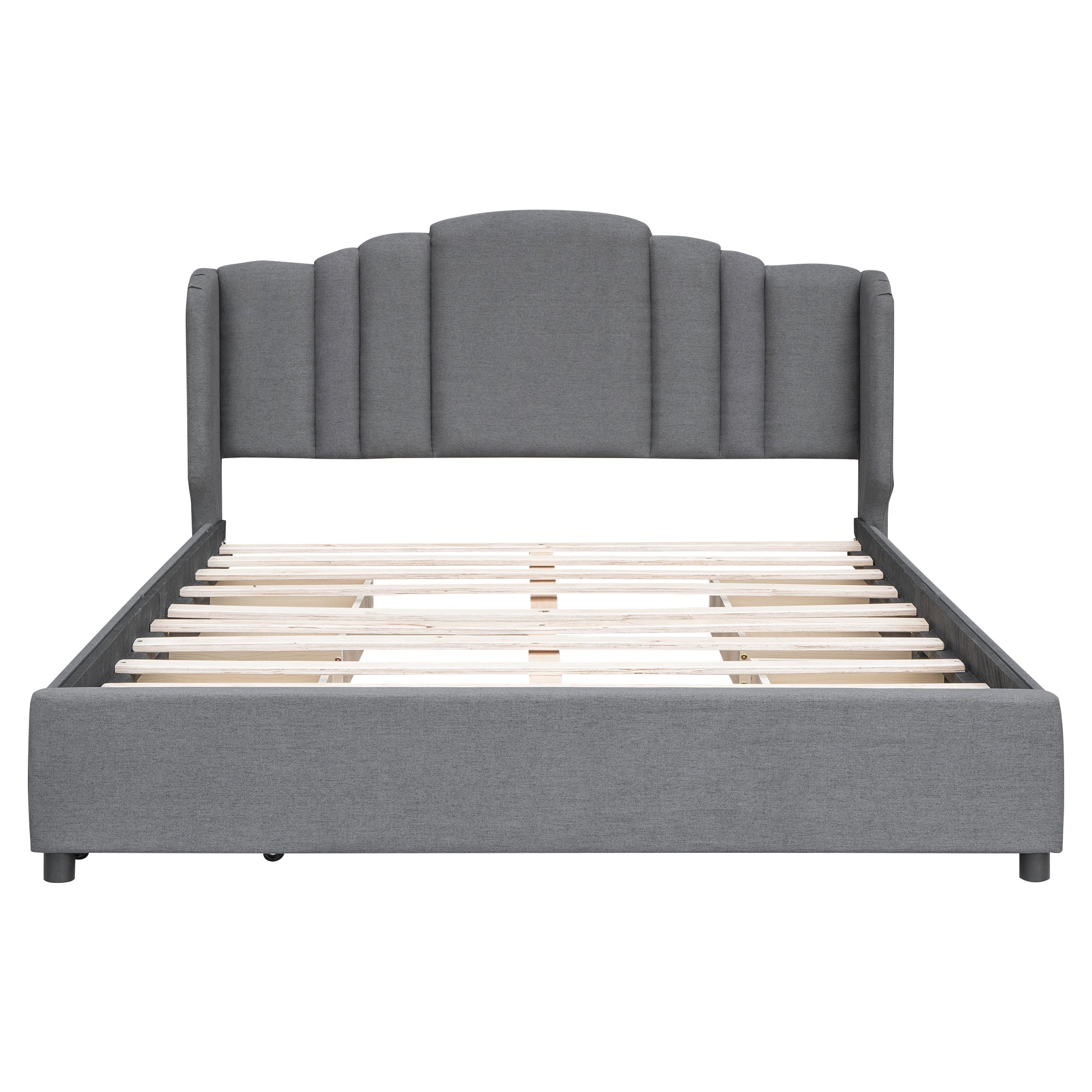 Queen Bed Upholstered Platform with Wingback Headboard and 4 Drawers - Grey