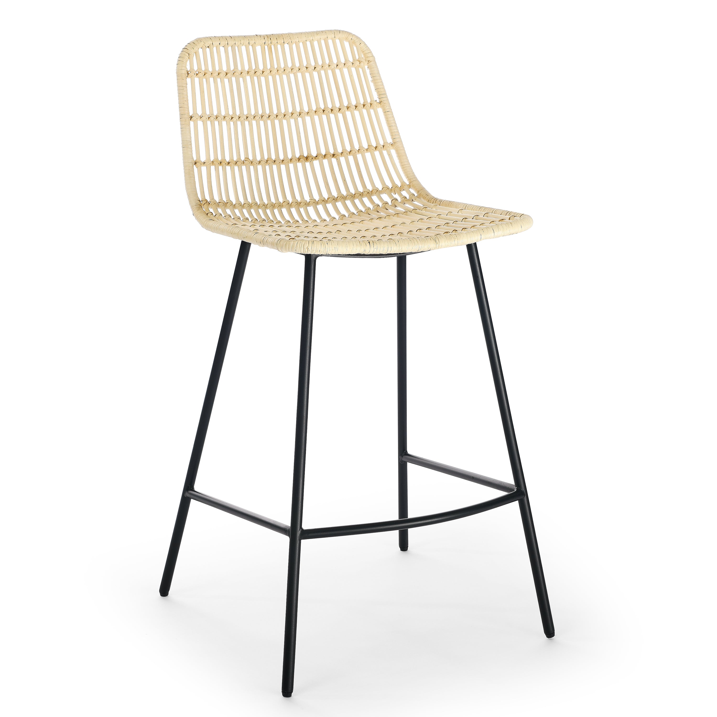 Natural Rattan Indoor Counter Chair, Black Finish Steel Legs (Set of 2)- Natural
