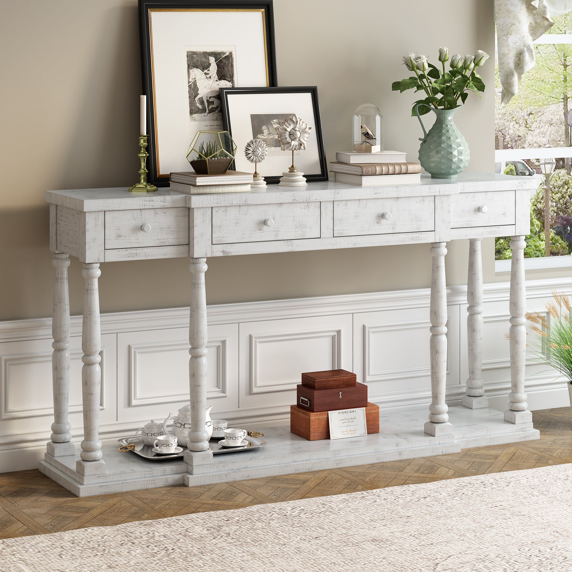 Retro Console Table for Hallway with 4 Front Facing Storage Drawers and 1 Shelf - Antique White
