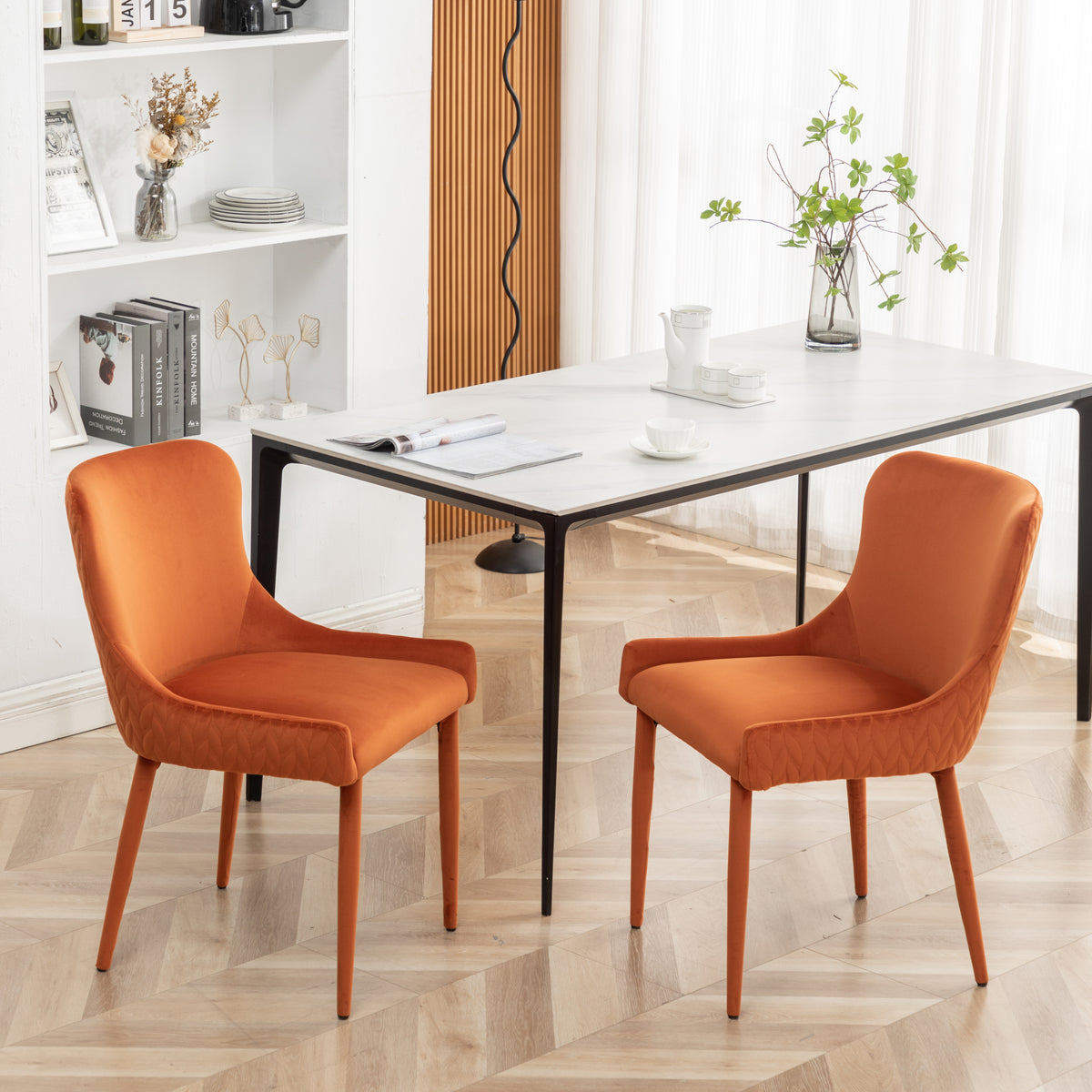 Velvet Dining Chair Flannel Wrapped Metal Leg Chair (Set of 2) - Orange