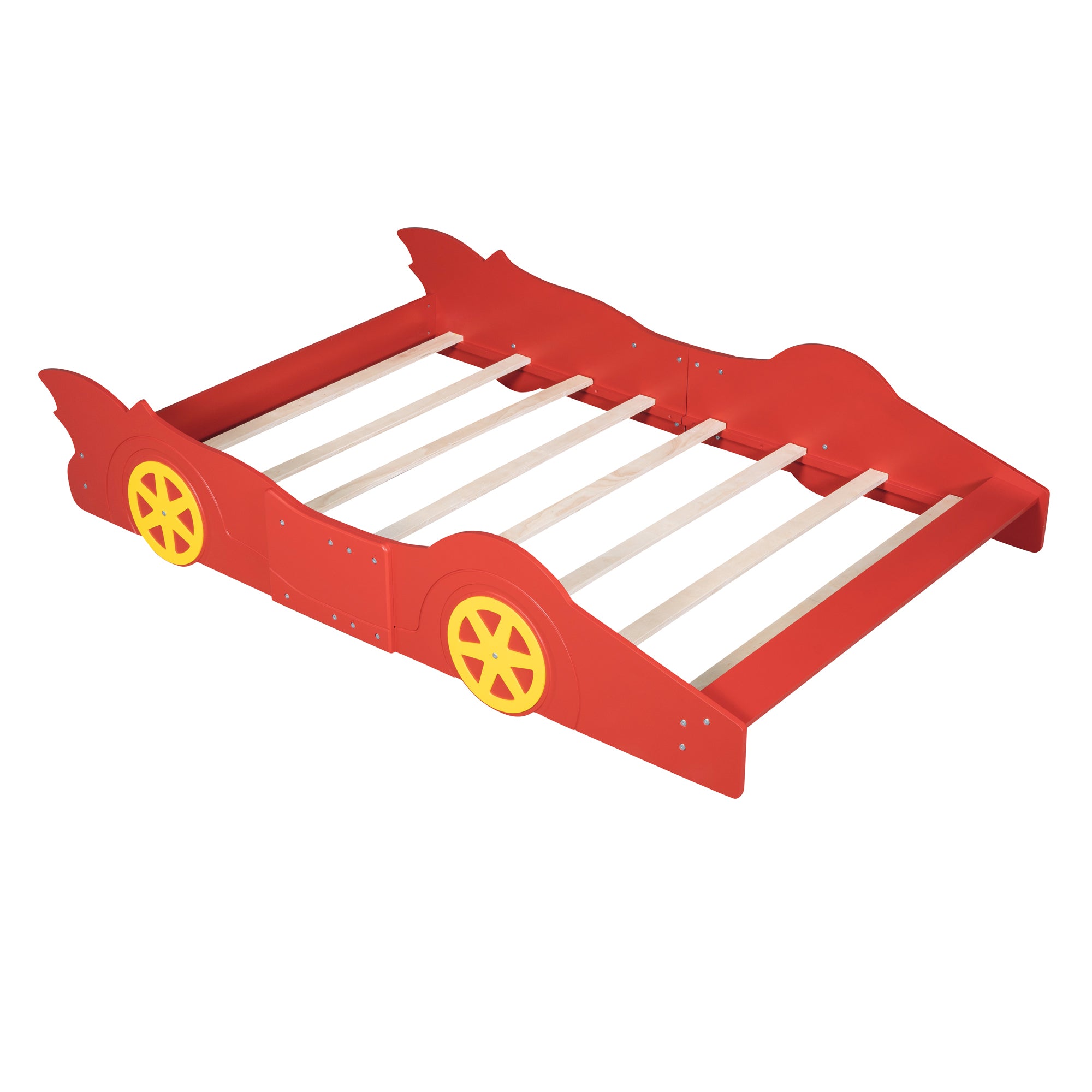 Full Size Race Car-Shaped Platform Bed with Wheels - Red