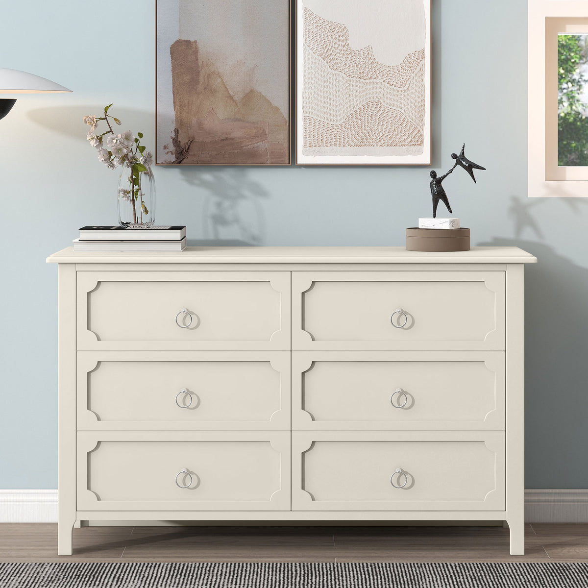 Milky Rubber Wooden Dresser 6 Large Drawers Silver Metal Handles - White