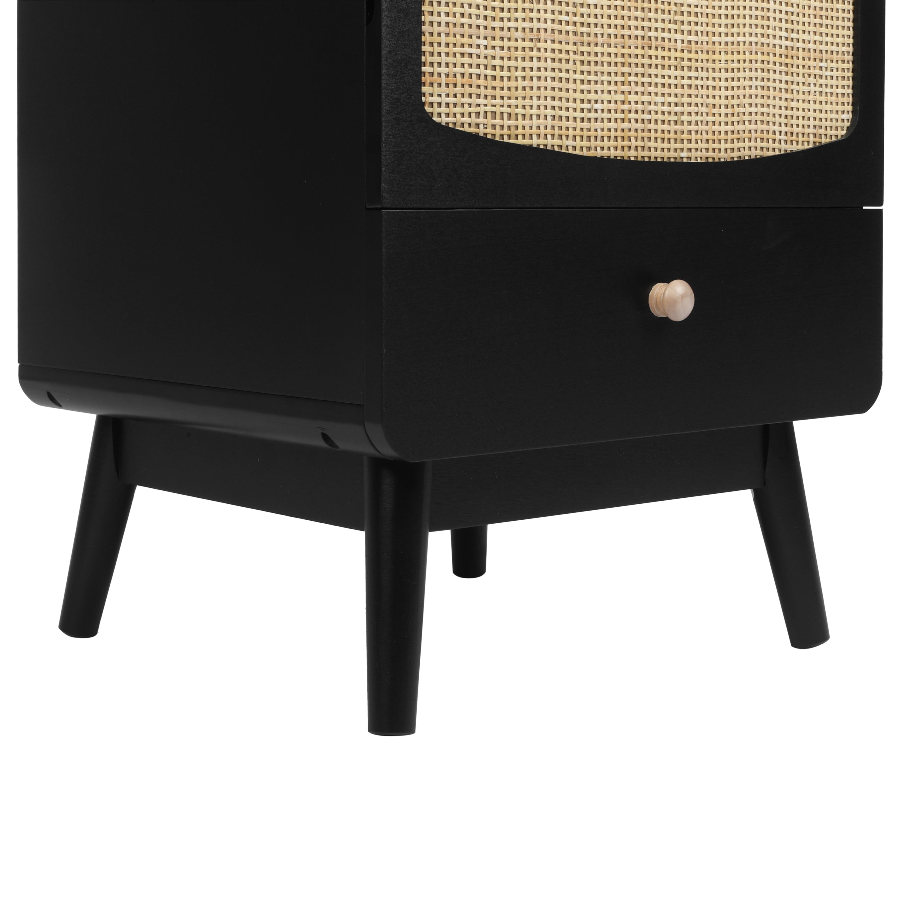 ILO Black Nightstand with Storage Drawer/ Rattan Door