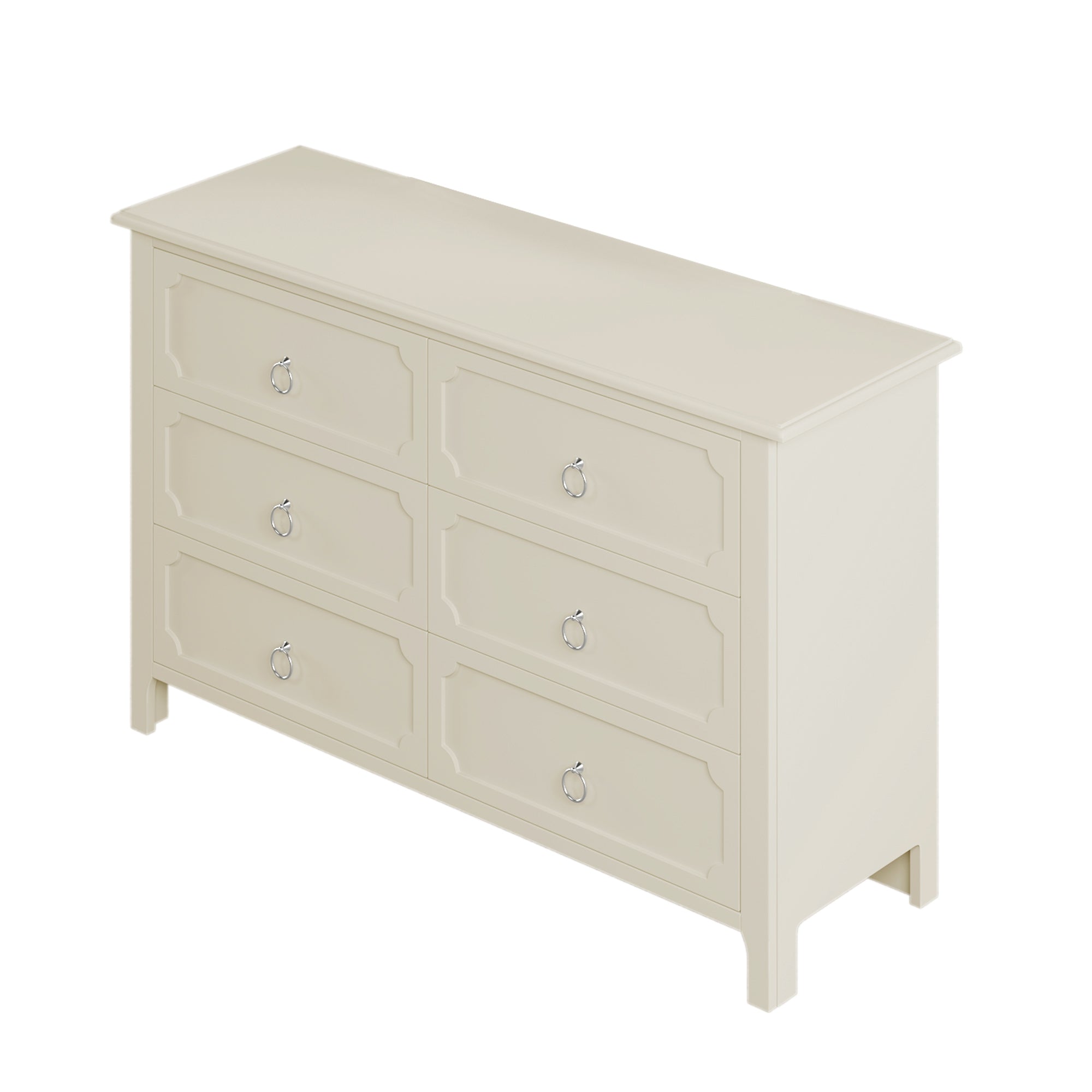 Milky Rubber Wooden Dresser 6 Large Drawers Silver Metal Handles - White