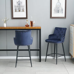 Modern Bar Chair with Armrests and Footrests (Set of 2) - Dark Blue