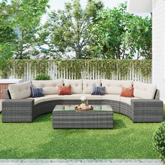 8-pieces Outdoor Wicker Curved Sofa Set All Weather PE Rattan Water-resistant and UV Protected - Beige