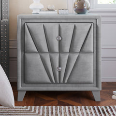 Contemporary Velvet Upholstered Glass Top Nightstand End table with 2 Drawers - Gray
