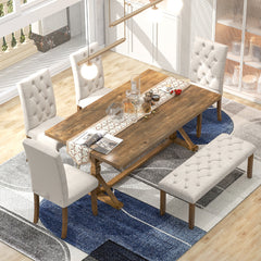 6-Piece Farmhouse Dining Table Set 72" Wood Rectangular Table, 4 Upholstered Chairs with Bench - Walnut