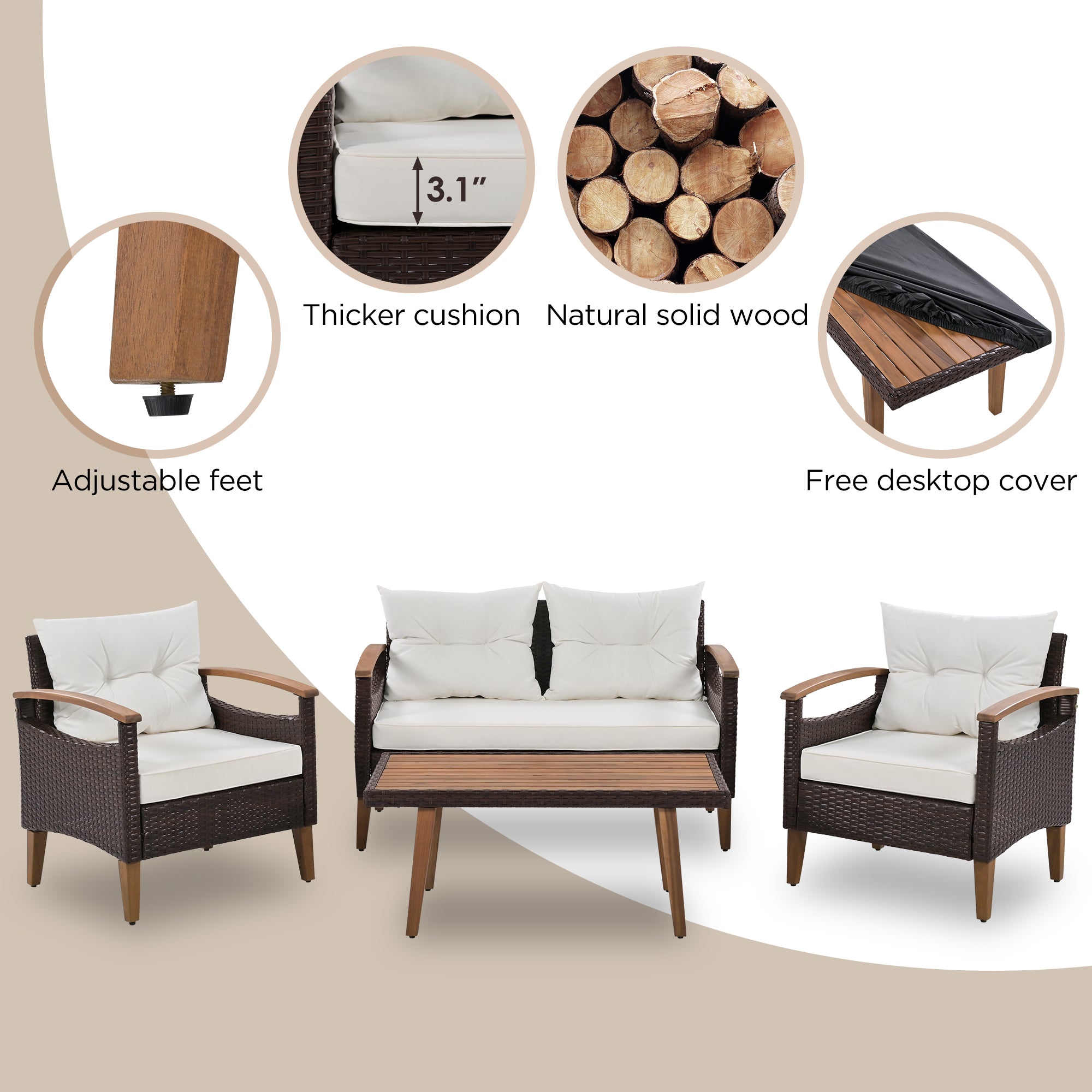 4-Piece Garden Furniture,  Patio Seating Set, PE Rattan Outdoor Sofa Set, Wood Table and Legs - Brown and Beige