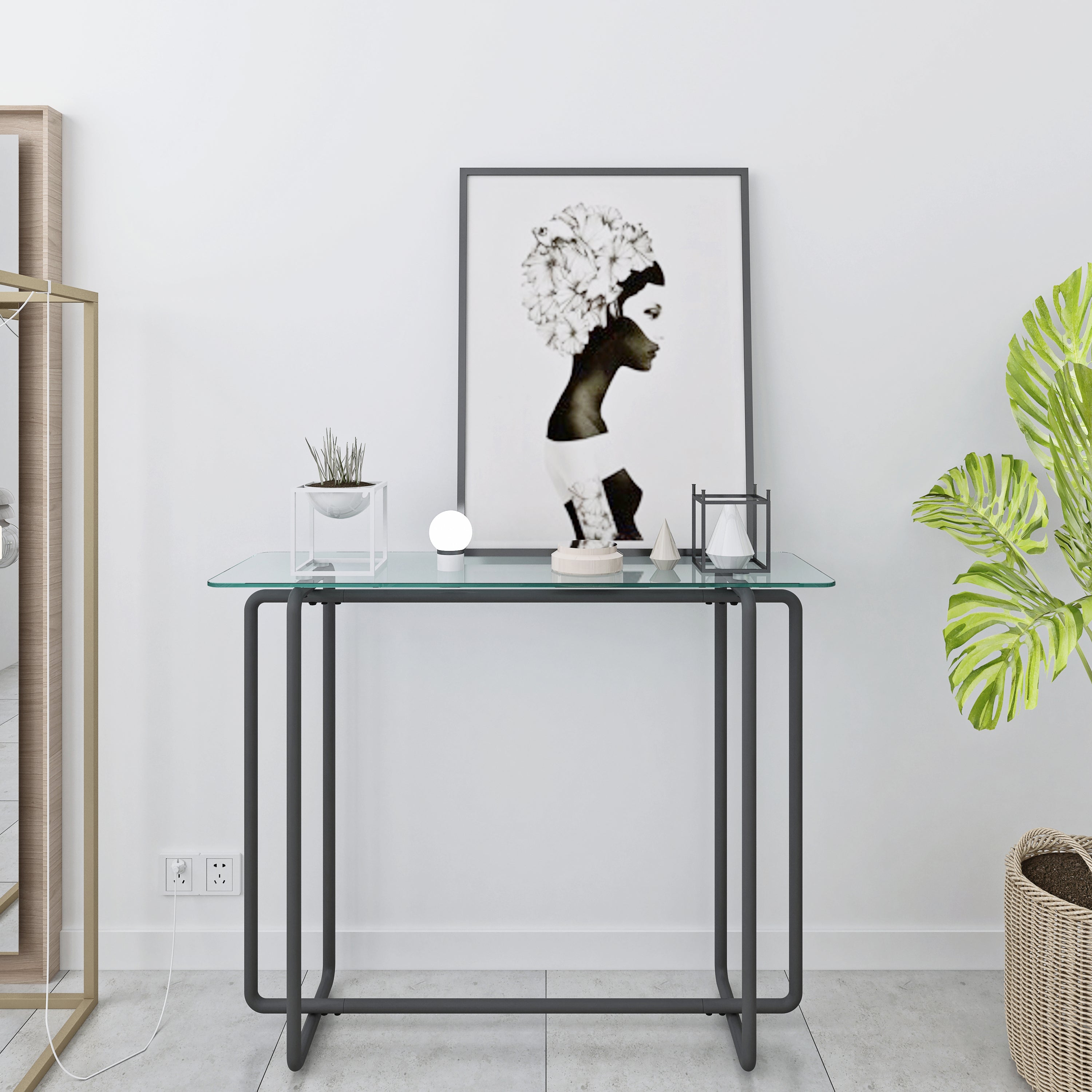Console Table Single Layer Tempered Glass Rectangular Porch Table Black Leg -Transparent