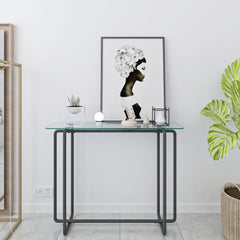 Console Table Single Layer Tempered Glass Rectangular Porch Table Black Leg -Transparent