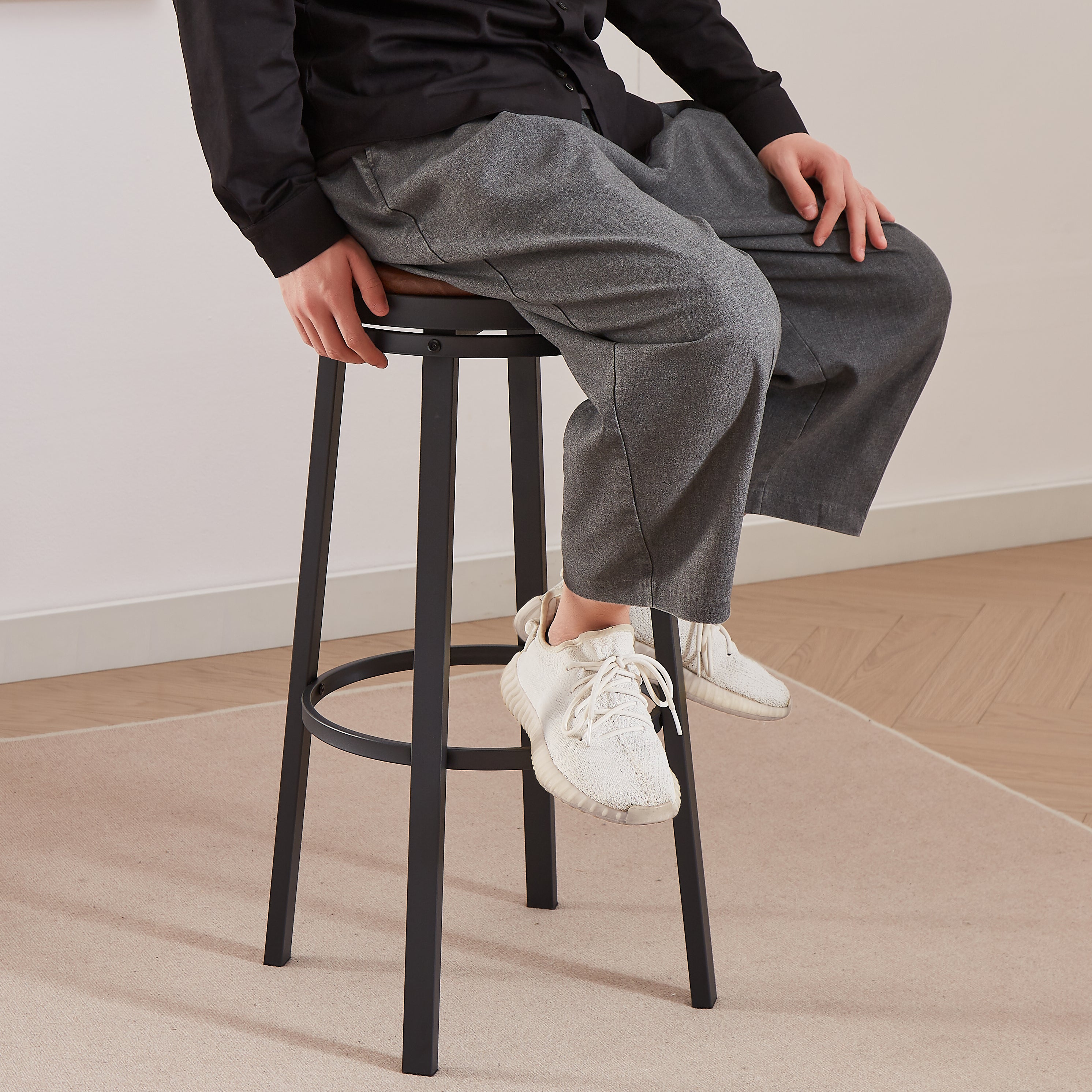 High Bar Stool With Backrest PU Soft Seat Cushion and Footrest (Set of 2) - Rustic Brown