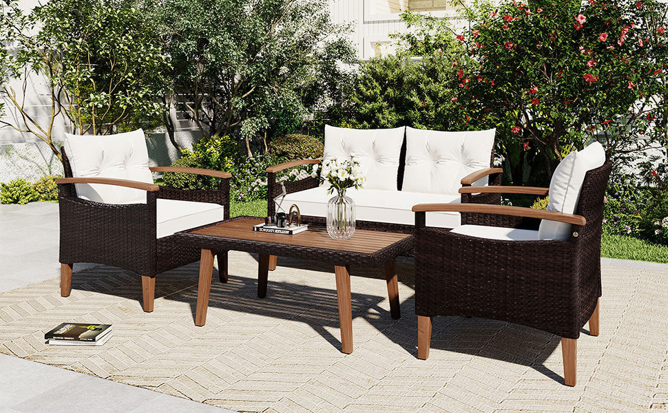 4-Piece Garden Furniture,  Patio Seating Set, PE Rattan Outdoor Sofa Set, Wood Table and Legs - Brown and Beige