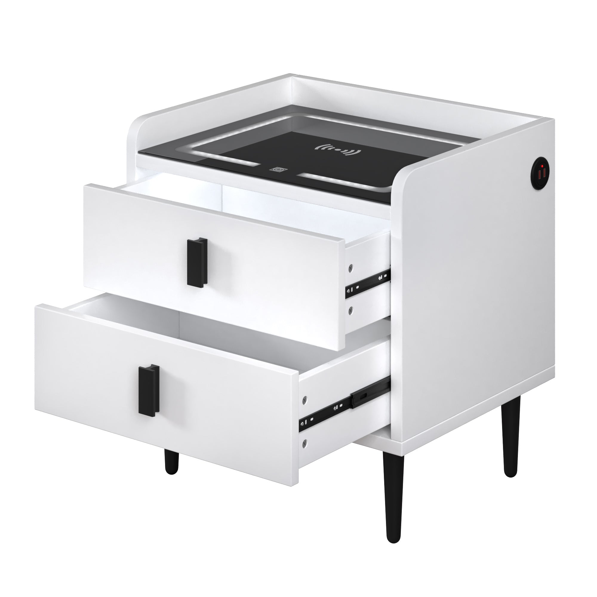 Nightstand with Wireless Charging Station,USB Charging and Adjustable LED Lights, Modern End Table with 2 Drawers - White
