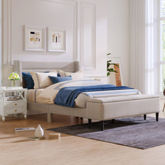 Queen Bed - Upholstered Storage Bed Frame with Storage Ottoman Bench, No Box Spring Needed - Beige