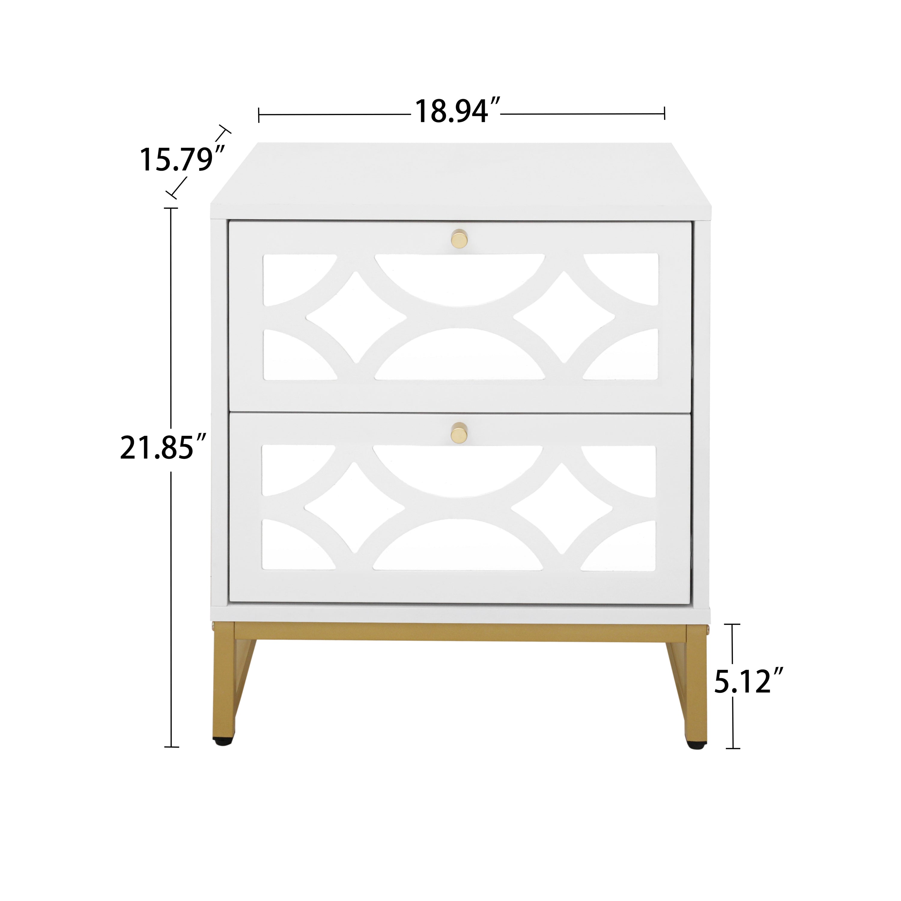 Small Bedside Table with 2 Drawers, White Mirrored Nightstand, with Gold Legs