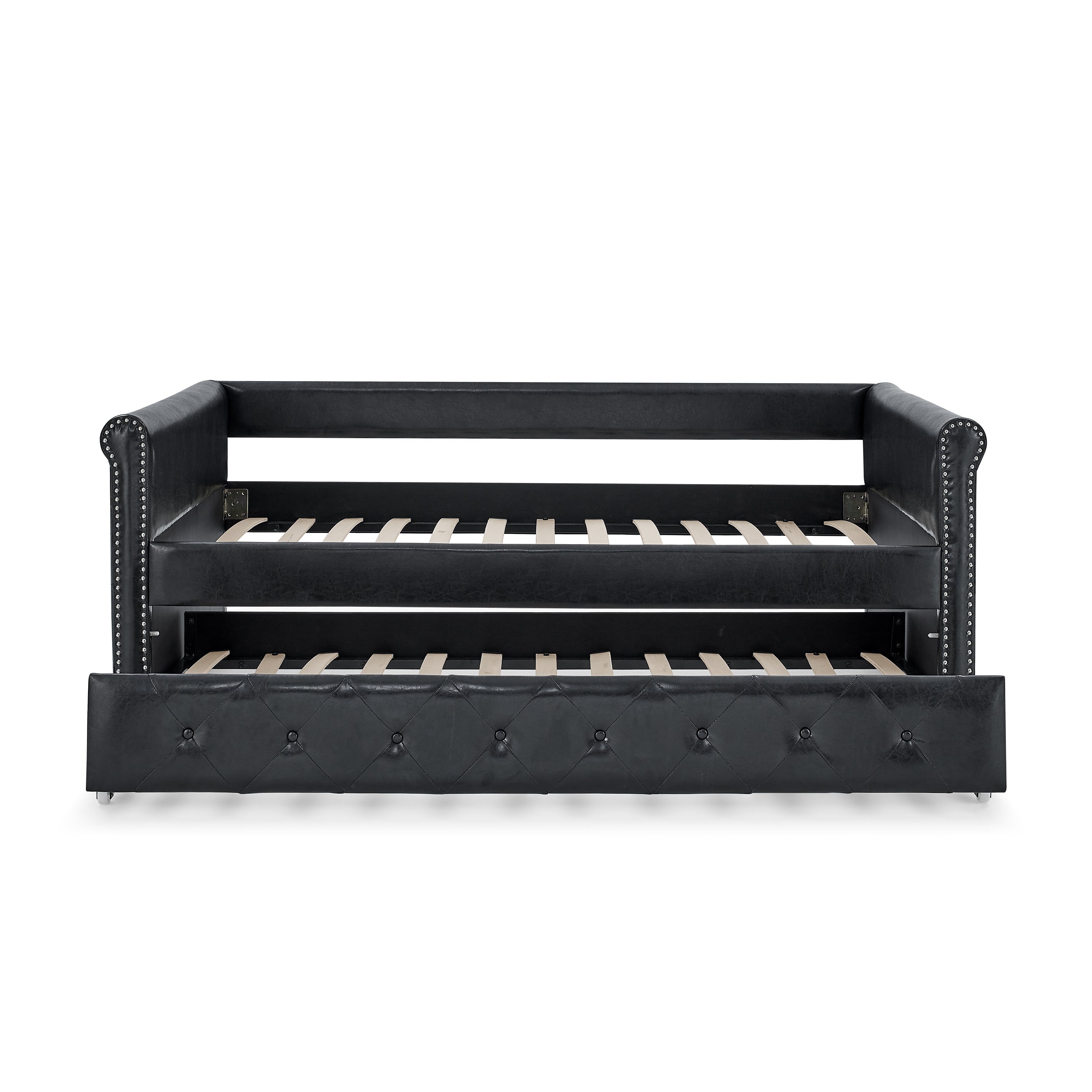 Daybed with Trundle Upholstered Tufted Sofa Bed, with Button and Copper Nail on Arms both Twin Size - Black