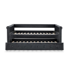 Daybed with Trundle Upholstered Tufted Sofa Bed, with Button and Copper Nail on Arms both Twin Size - Black