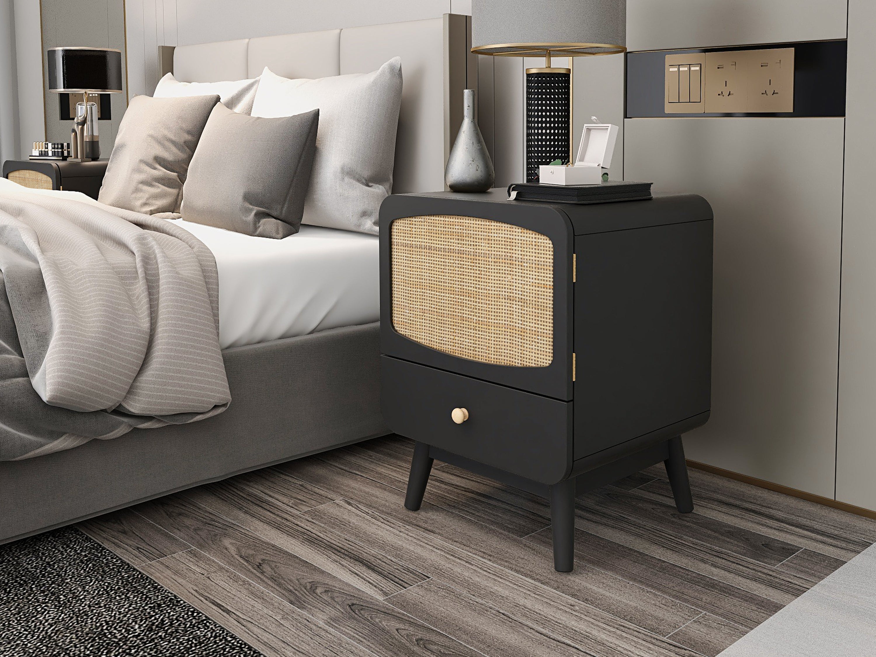 ILO Black Nightstand with Storage Drawer/ Rattan Door