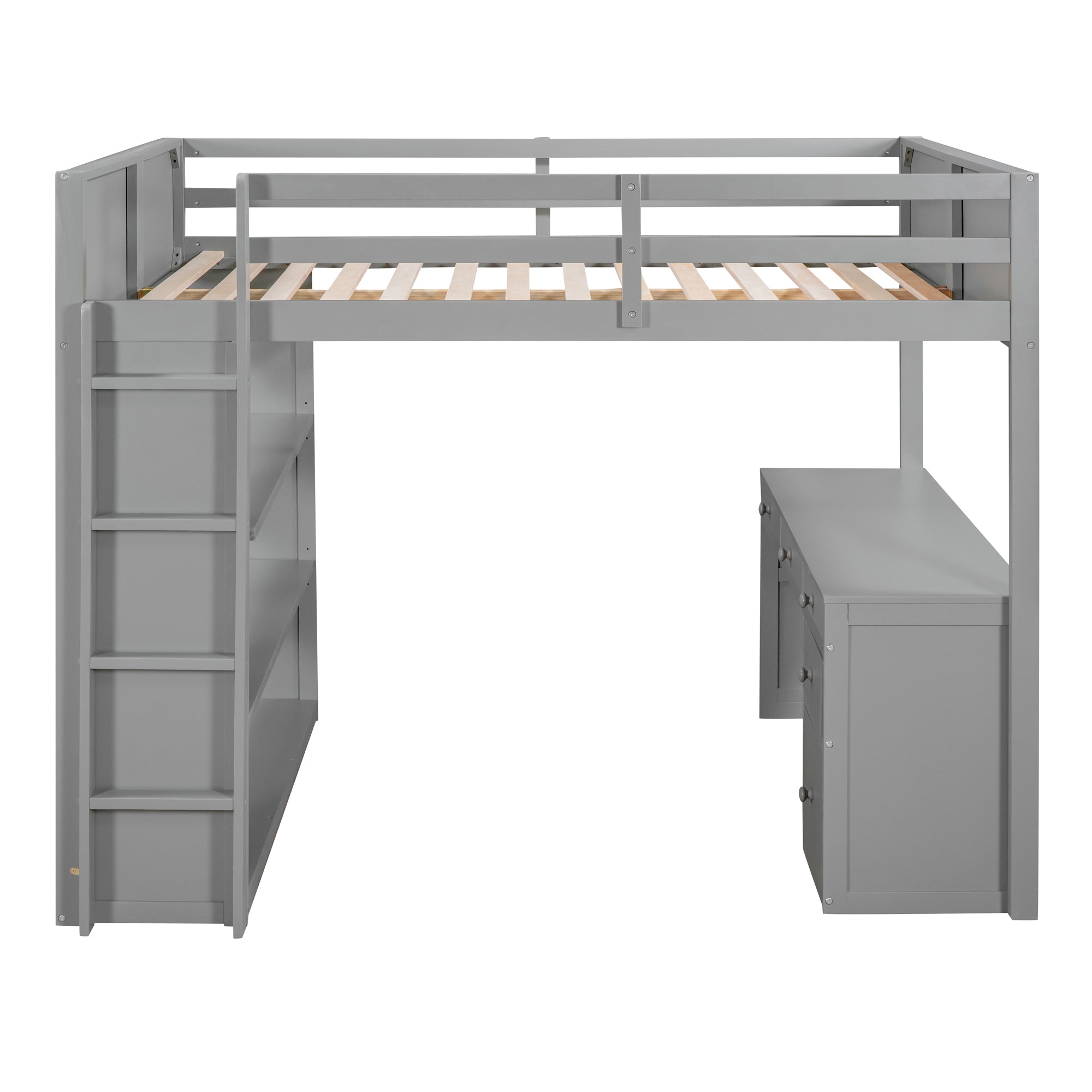 Full Size Loft Bed with Ladder, Shelves and Desk - Gray