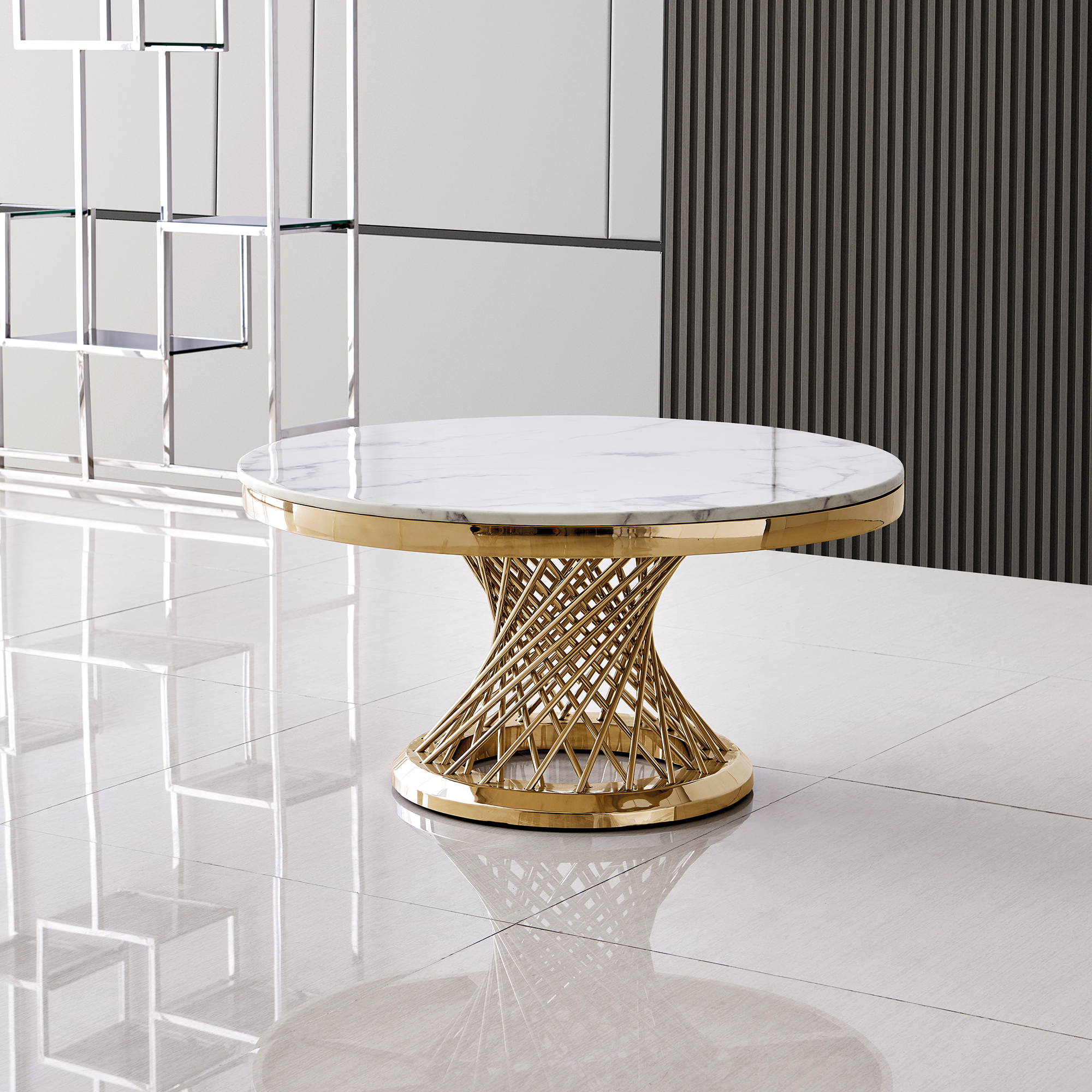Luxurious Design Marble Round Coffee Table with Gold Mirrored Finish