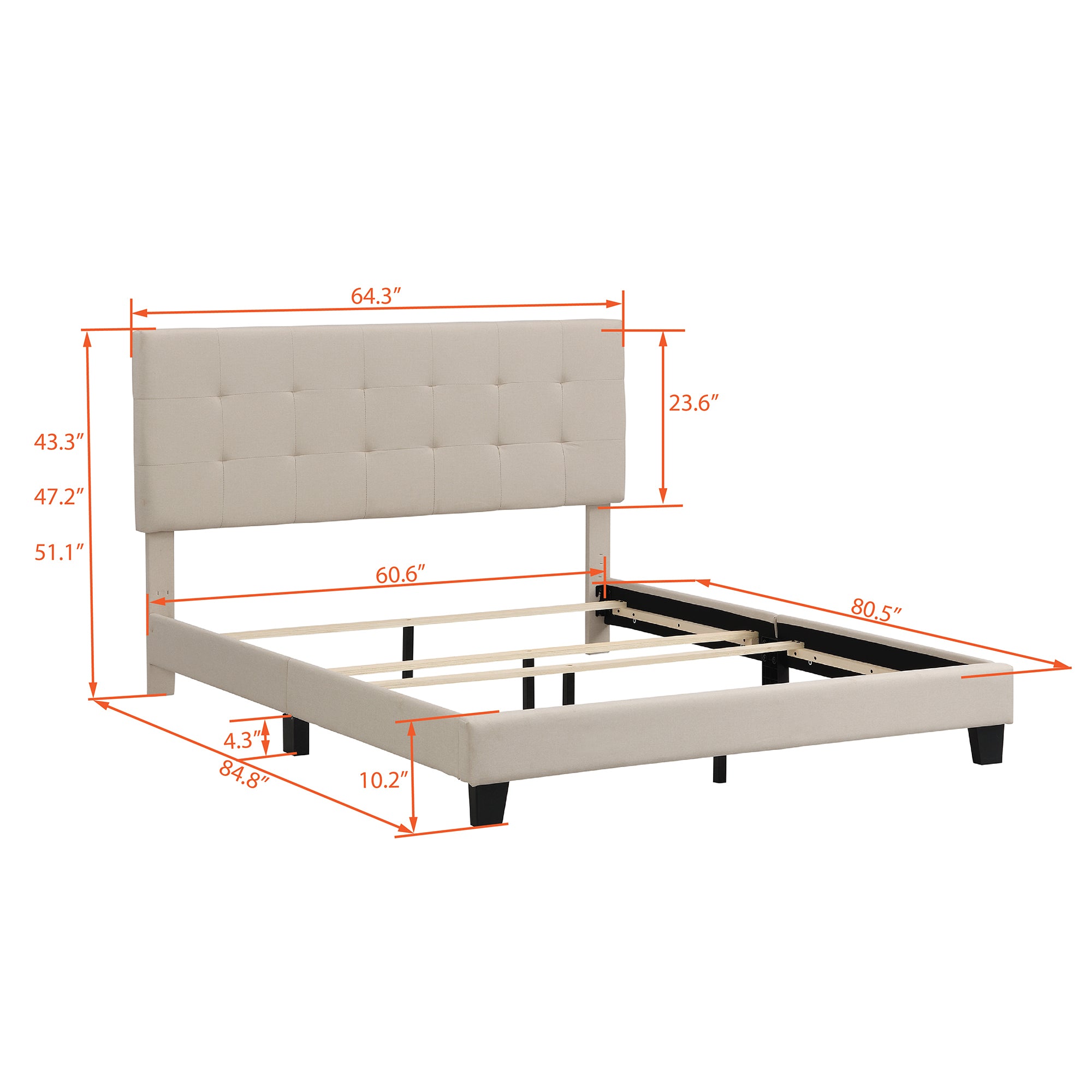Queen Size Bed with Tufted Headboard, Box Spring Needed - Beige Linen Fabric
