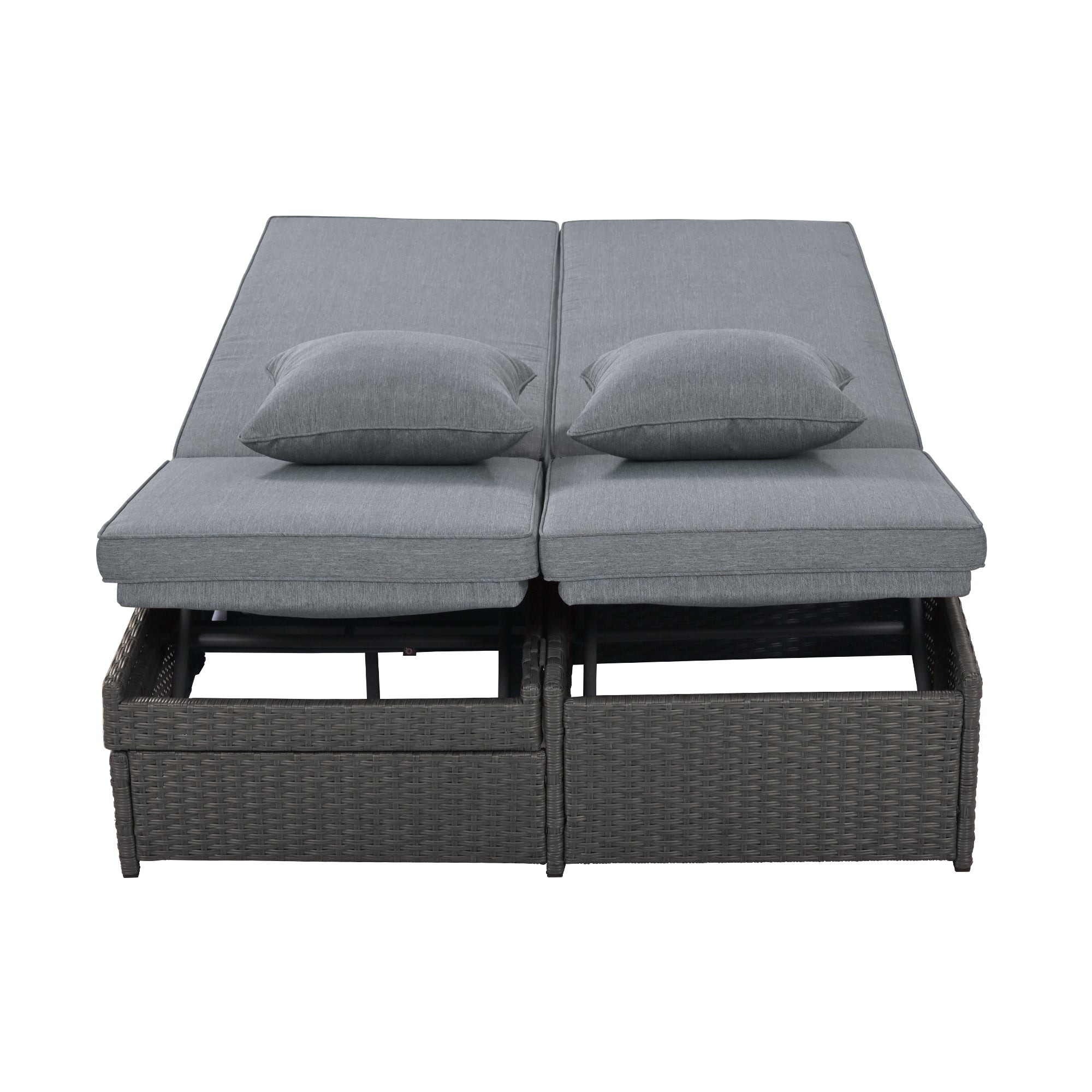 Outdoor Double Sun bed, Wicker Rattan Patio Reclining Chairs with Adjustable Backrest and Seat, Conversational Set for 2 Person - Gray